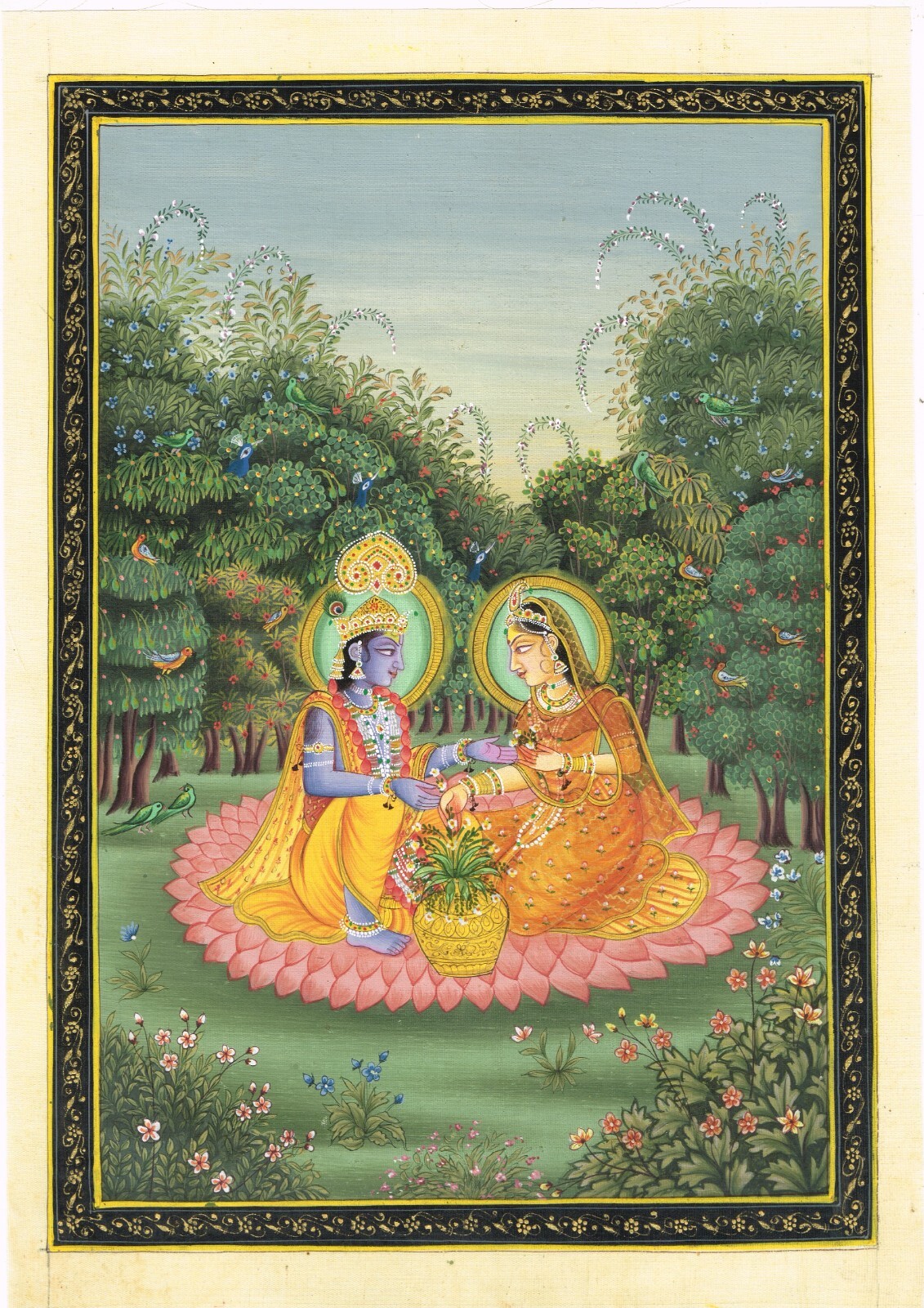 Indian Miniature Painting Of Radha Krishna Love Scene Art On Silk 7.5×11 Inches