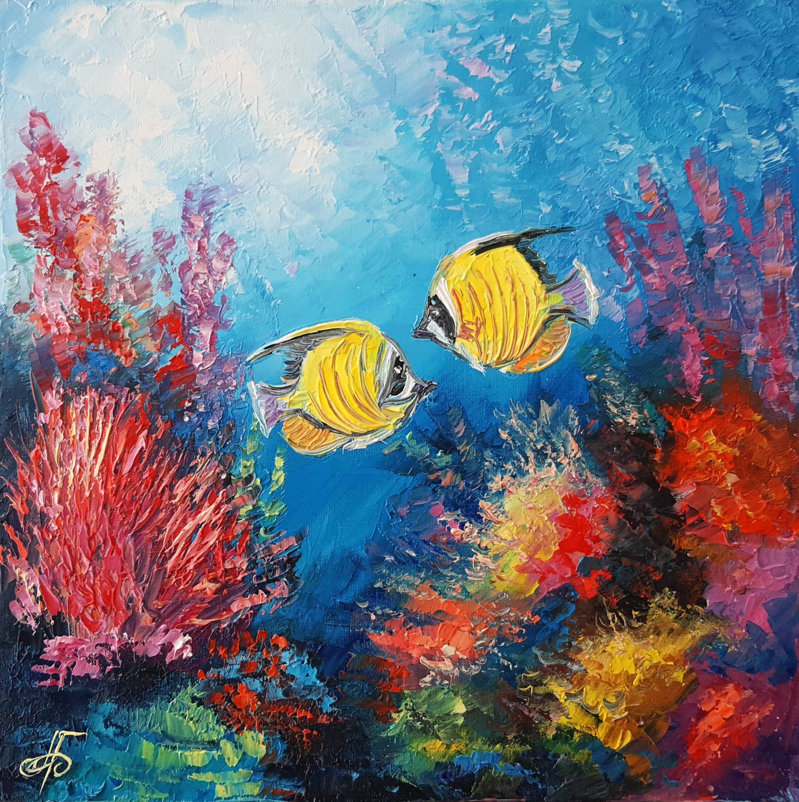 Original Oil Seascape Painting Tropical Fish Wall Art Canvas Small Hand Painted