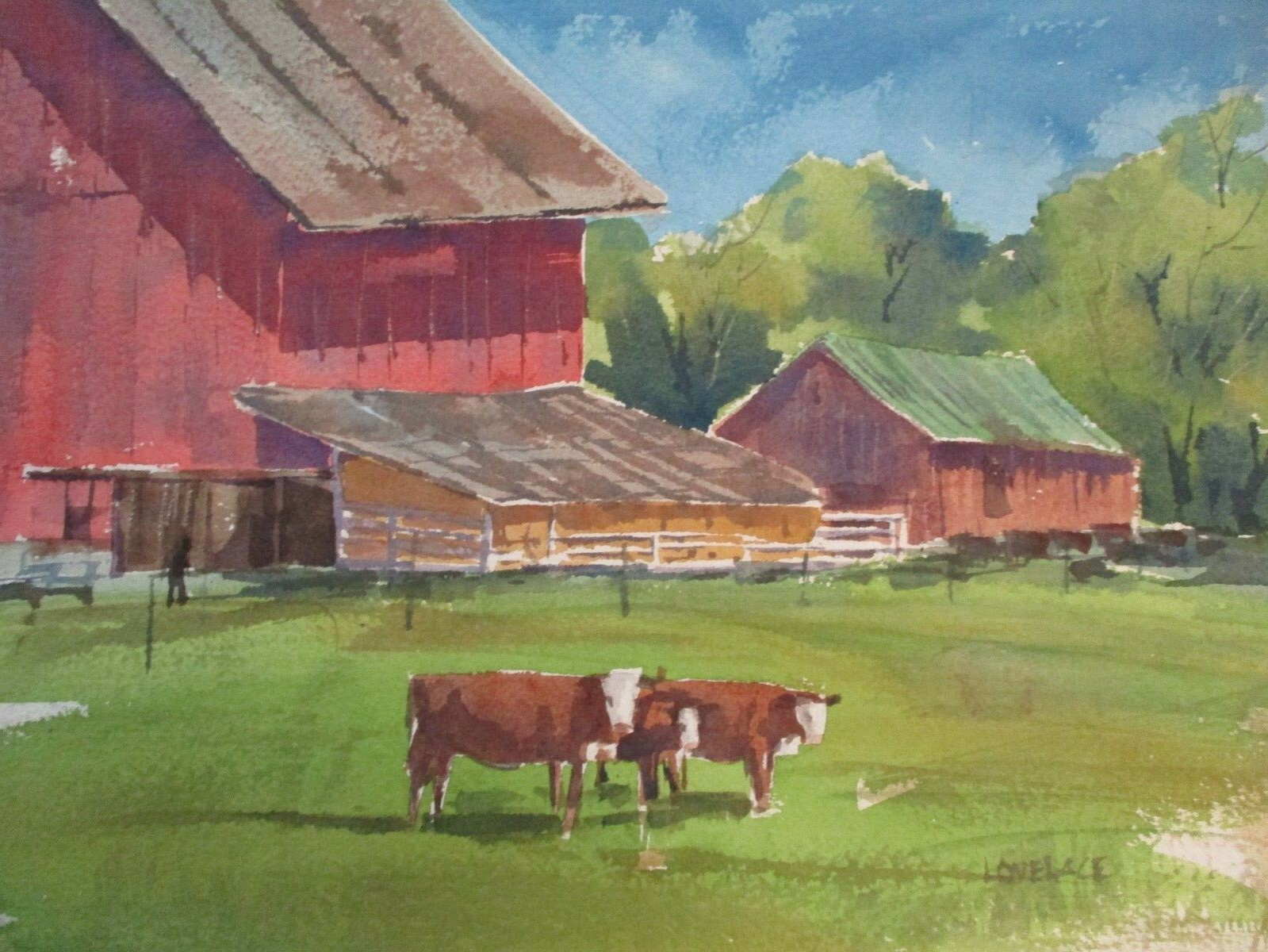 LOVELACE SIGNED VINTAGE PAINTING AMERICAN LANDSCAPE WITH COWS FARM FARMING