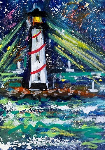 ORIGINAL ACEO Painting LIGHTHOUSE Night Stars Ocean Boat Waves Light Sea ATC ART