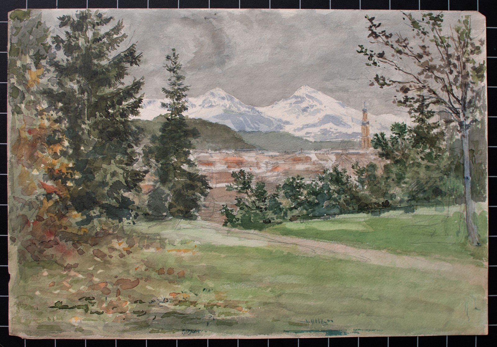 Unknown City View Off Bergen Landscape Watercolour Unsigned Circa 1890