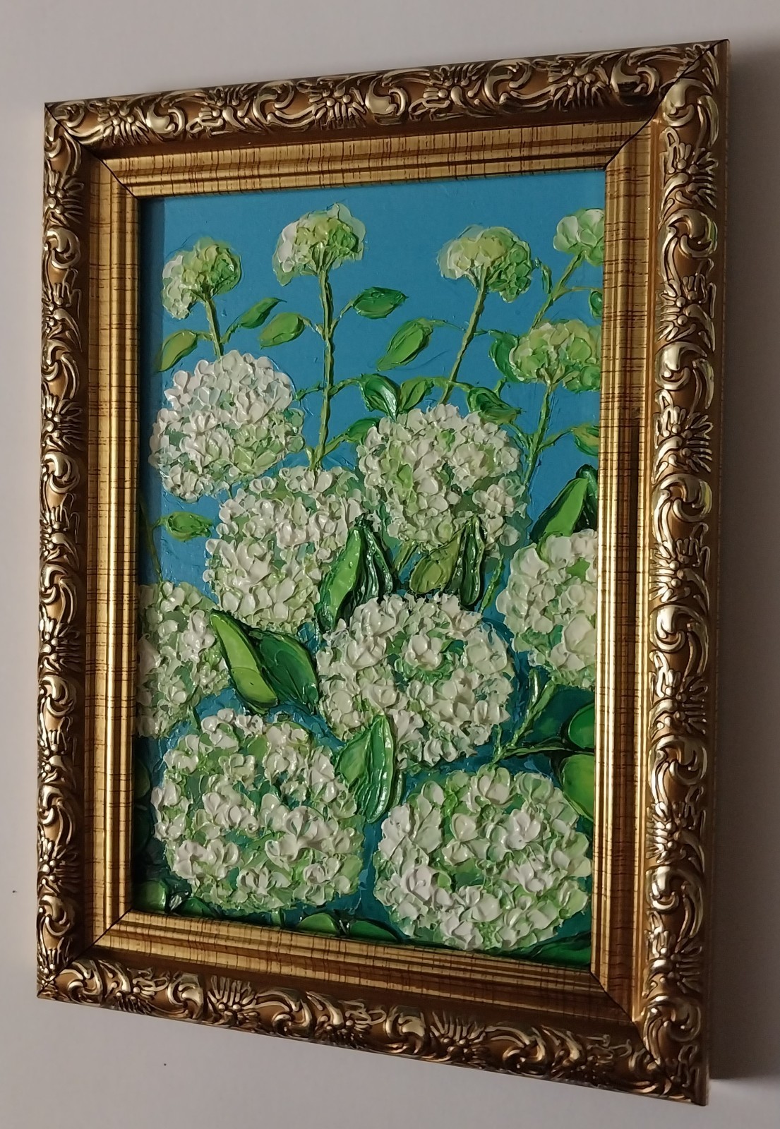 Framed White Hydrangea Blossoms Flowers Art 4×6” Impasto Oil Painting Original