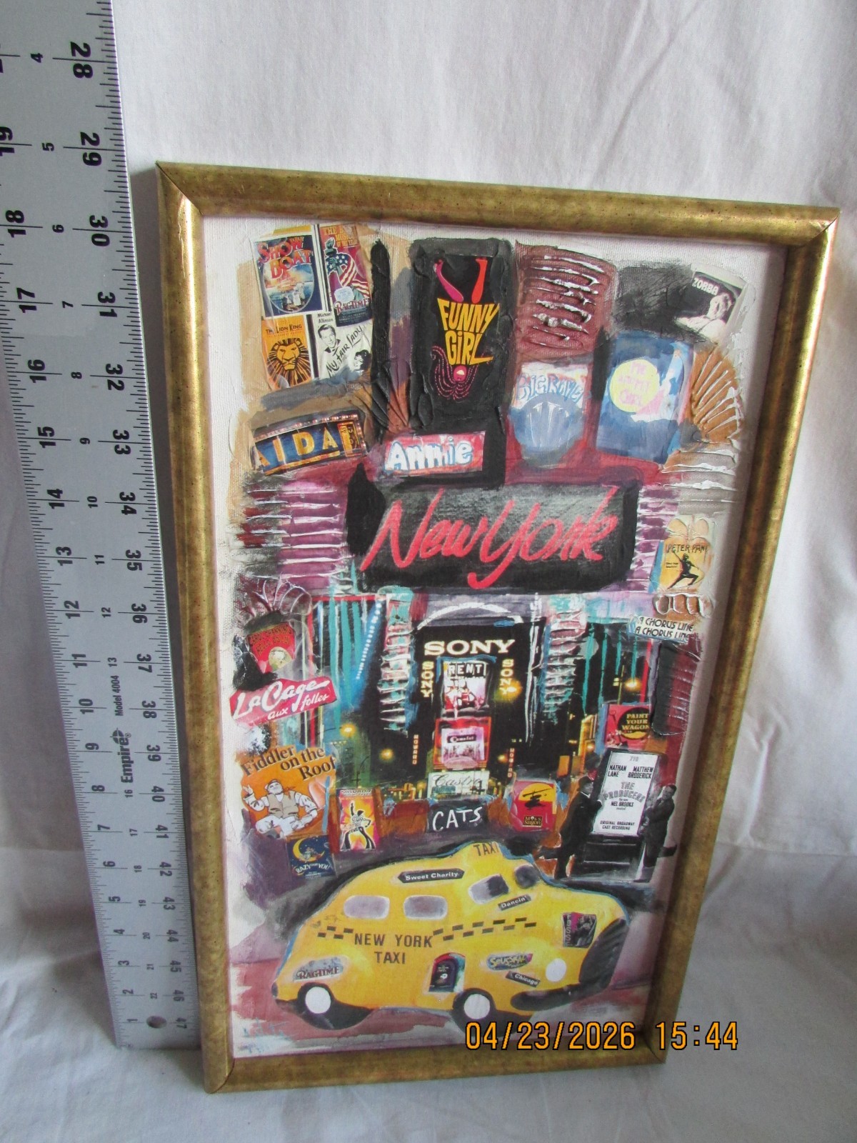 ANITA BALDWIN ART TAXI BROADWAY PLAYS ACRYLIC MIXED MEDIA CANVAS 19″ X 11″