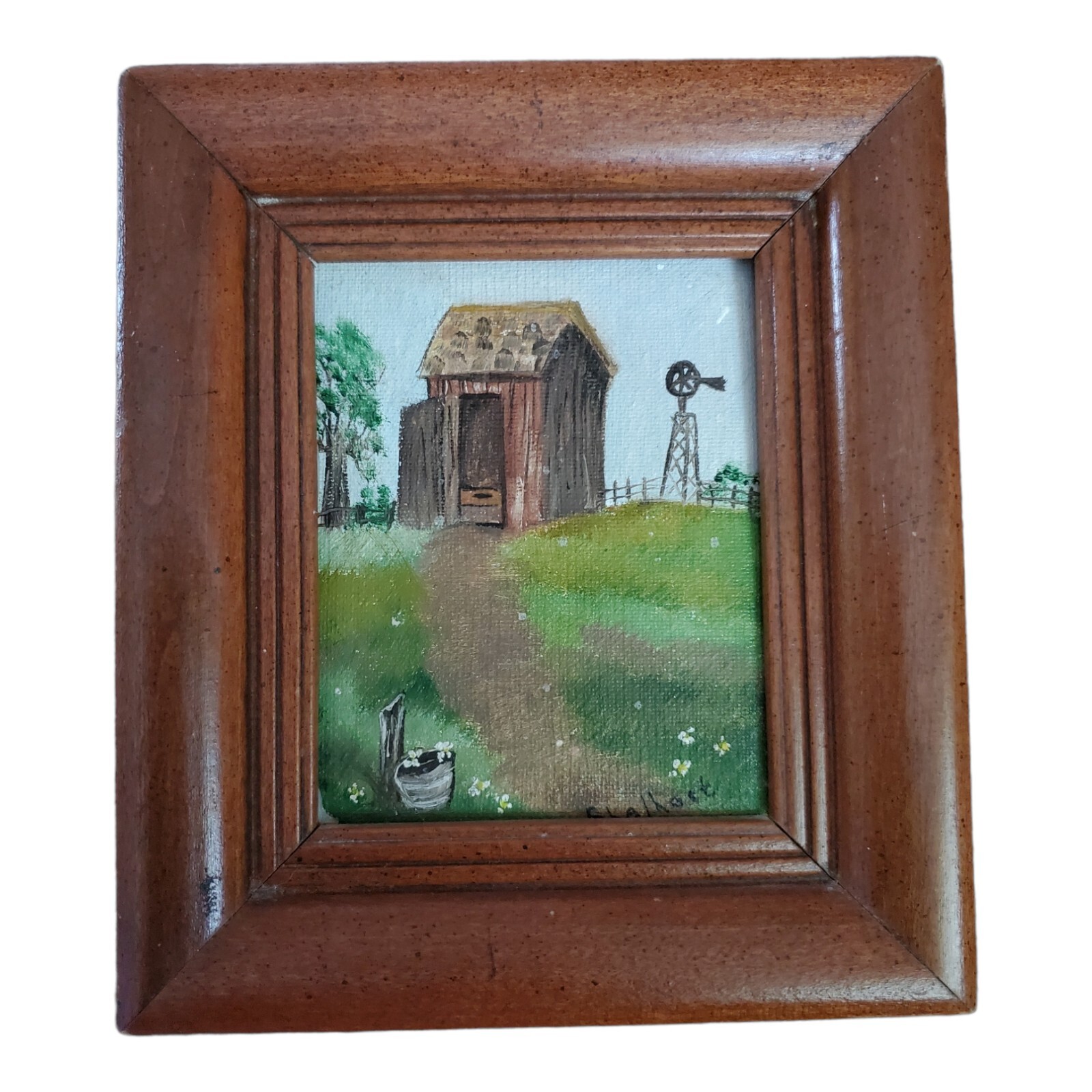 Vtg 1985 Signed Framed Oil Painting 6.5 X 7.5″ By Shelhart Farm Cabin Windmill