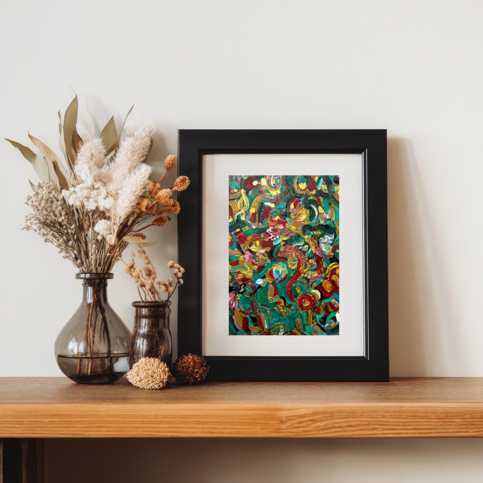 Original Painting Abstract Acrylic Art Red Green Matted 8″ x 10” by Jimarieart
