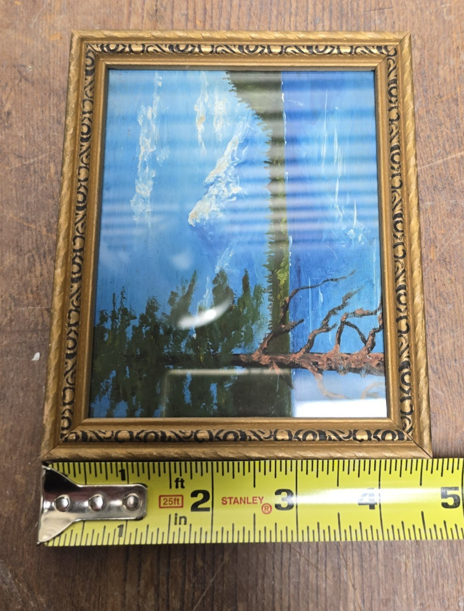 Vintage Mountain Lake Landscape Original Painting Art Deco Wood Frame 5″ x 4″