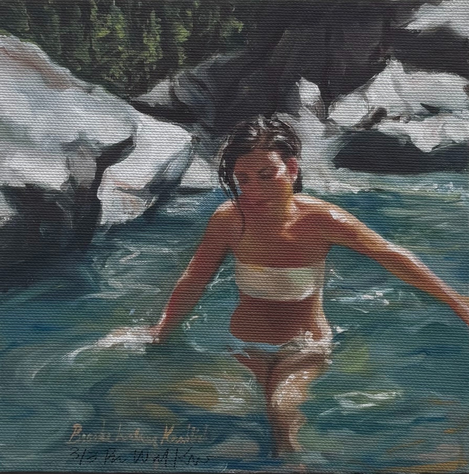Woman in river cafe art original painting by living artist. 6×6″ print