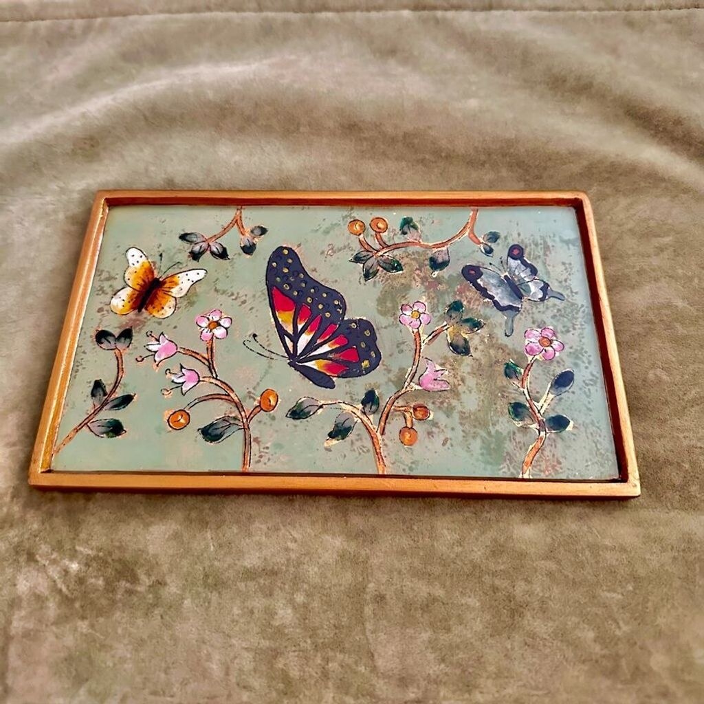 Set of 3 Reverse Painted Glass ‘Butterfly Peace’ Wall Art by Manuel Enciso