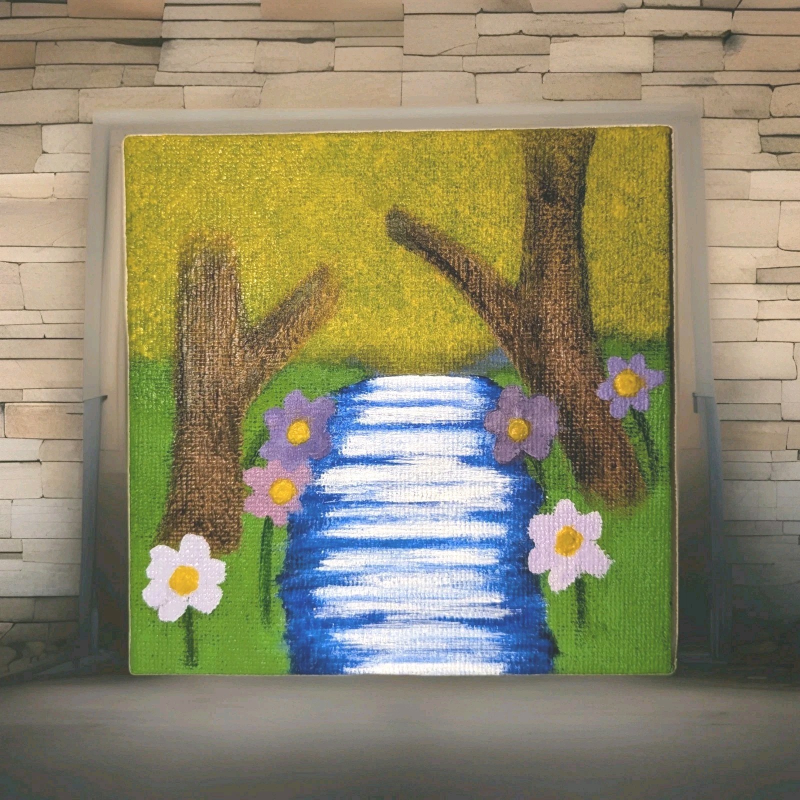 Little Creek Meadow – Original 4″x4″ Mini Landscape Painting, Stream & Flowers
