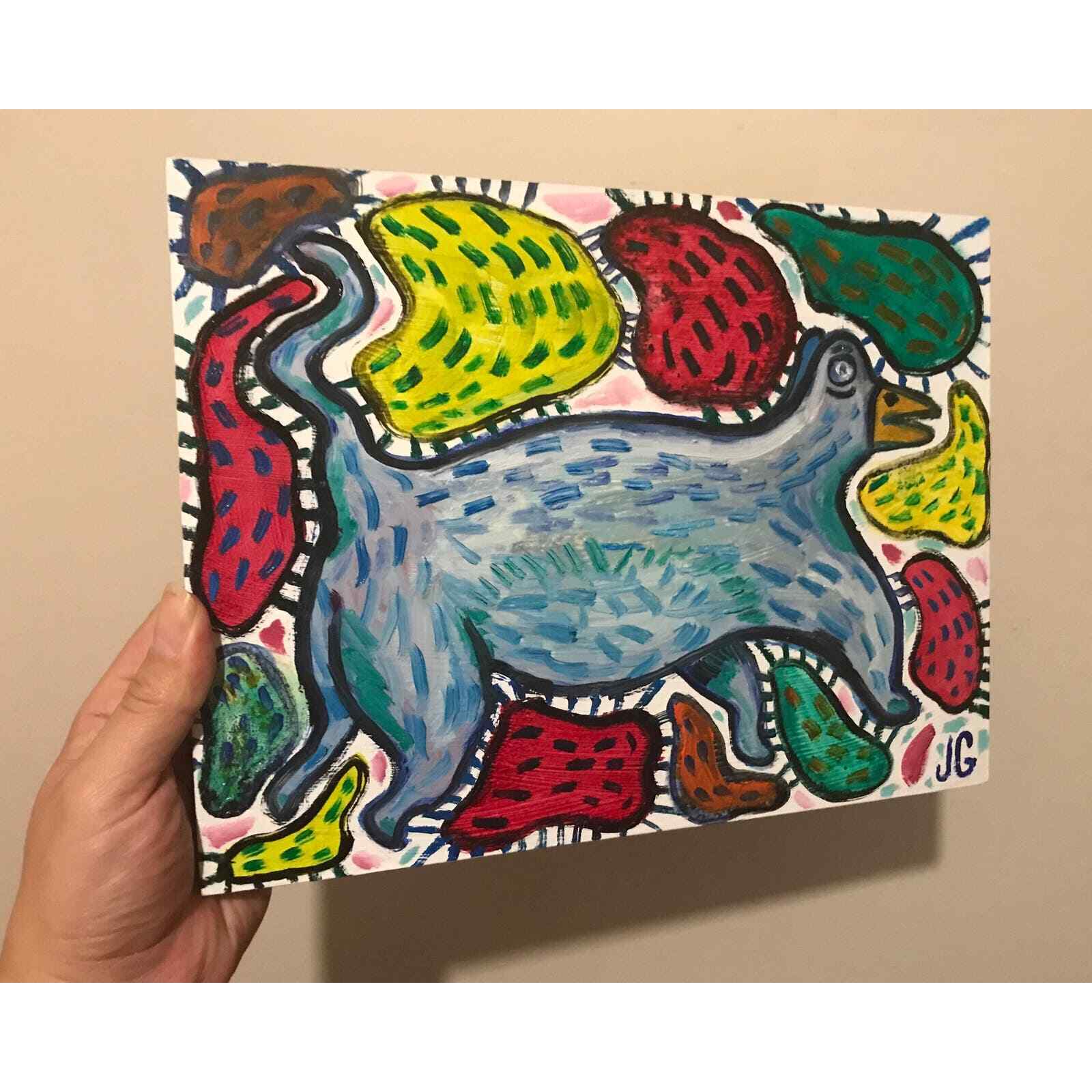 9×12” Original Outsider Painting on Wood Panel | Strange, Funky, Cryptid Animal