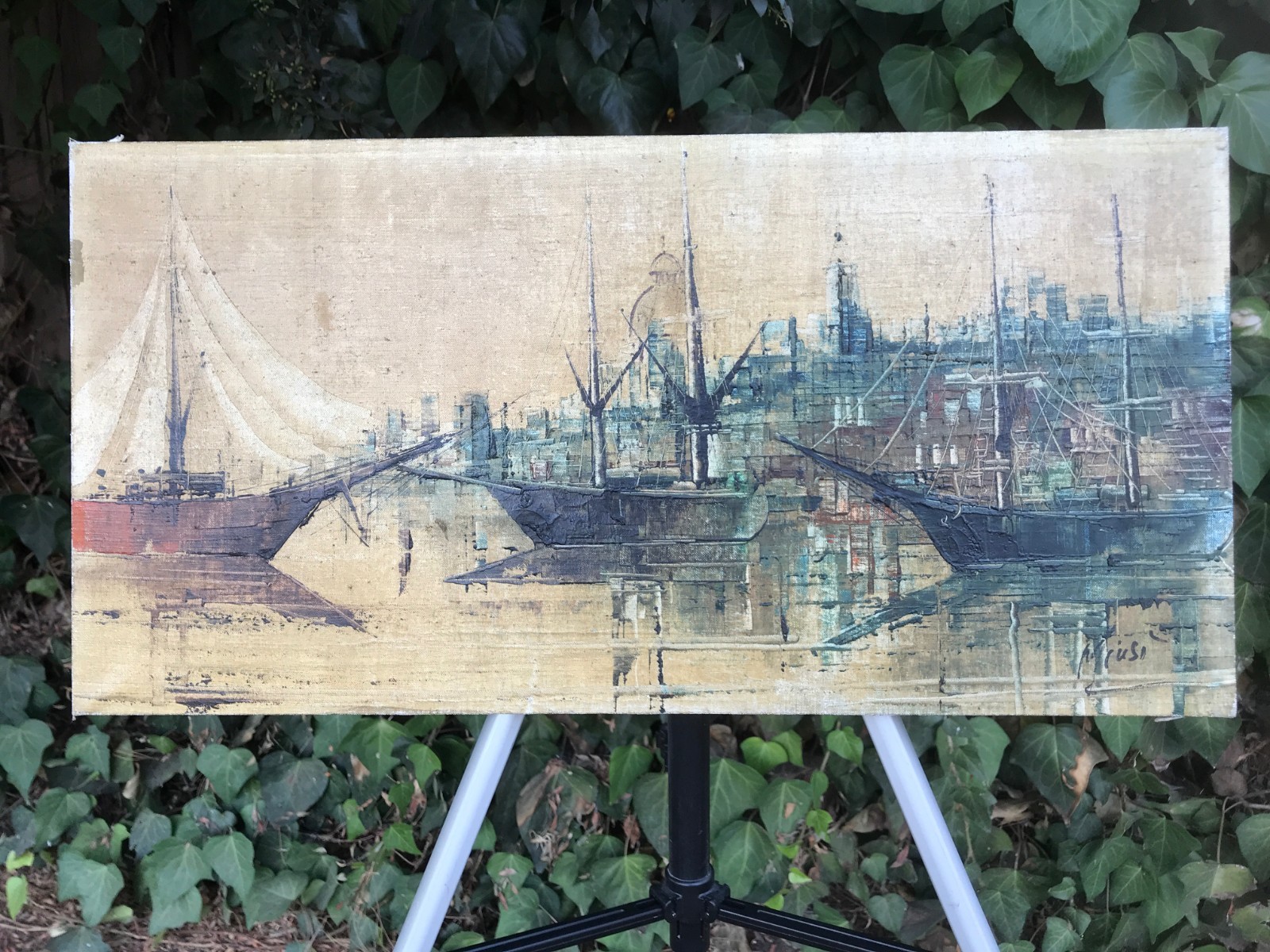 F MIUSI Original 1950s MODERN HARBOR SEASCAPE Cubist MidCentury Oil on Canvas