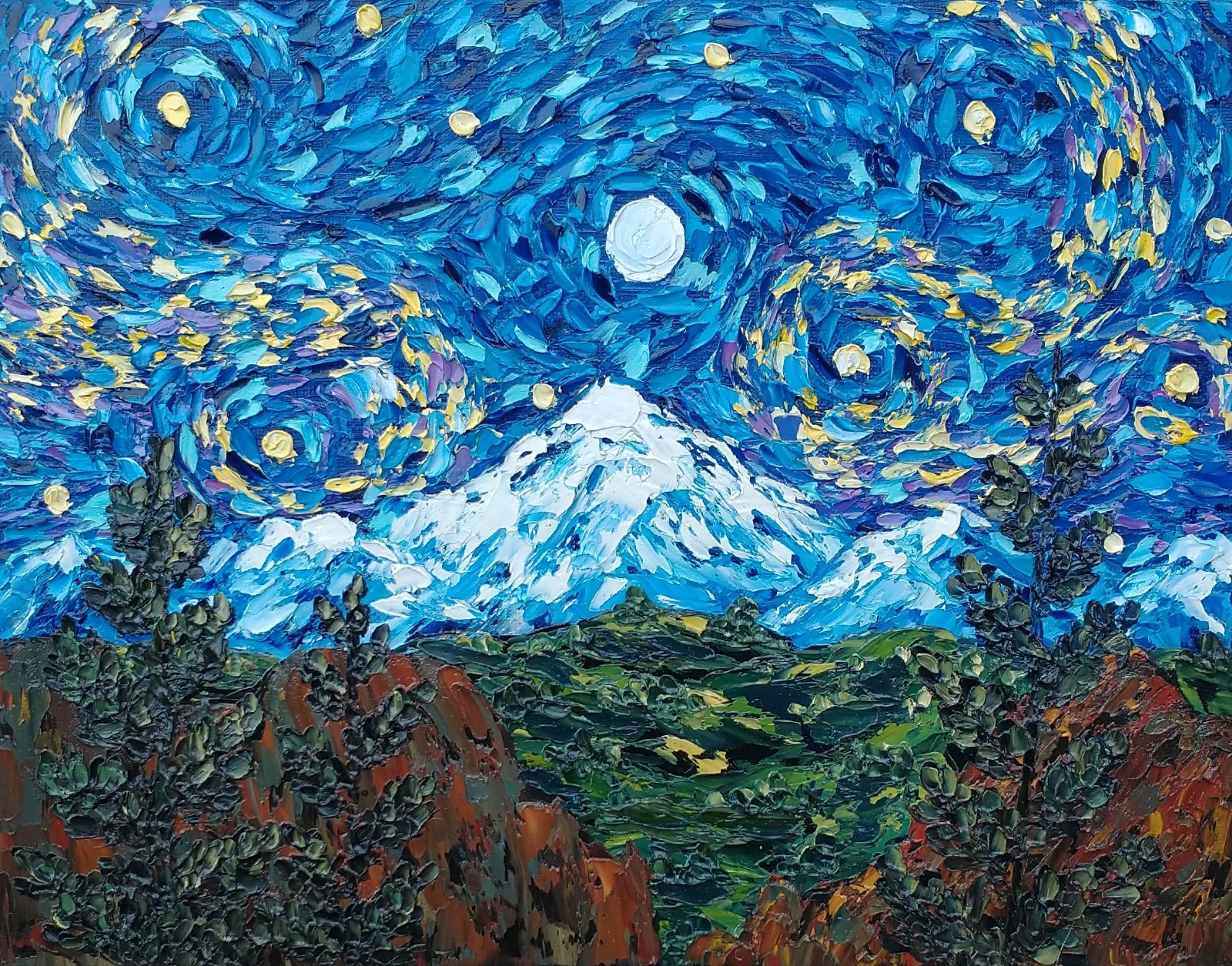 Original 9″ x 12″ Textured Oil Painting IMPASTO Starry Night Mountain Pikes Peak