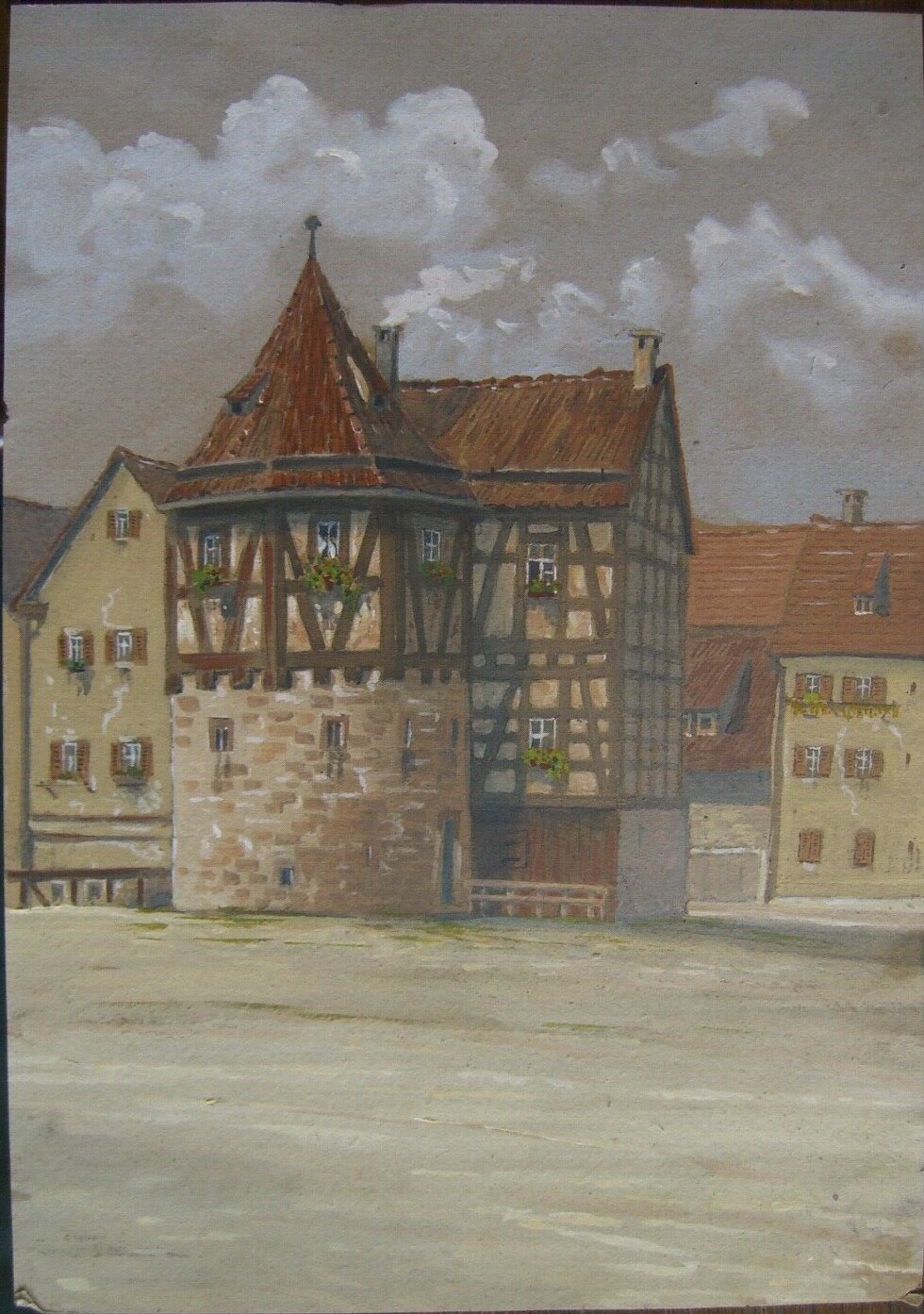 Aquarell Um 1900 Stuttgart Häuser Fachwerk Altstadt Antik Vedute Schellenturm