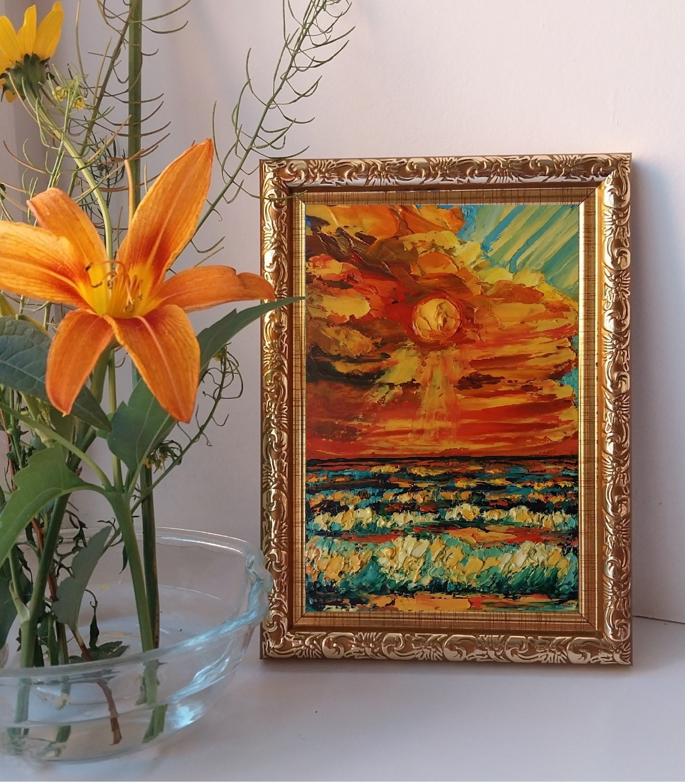 Framed Small Seascape Bright Sunset Sky Art 4×6” Impasto Original Oil Painting