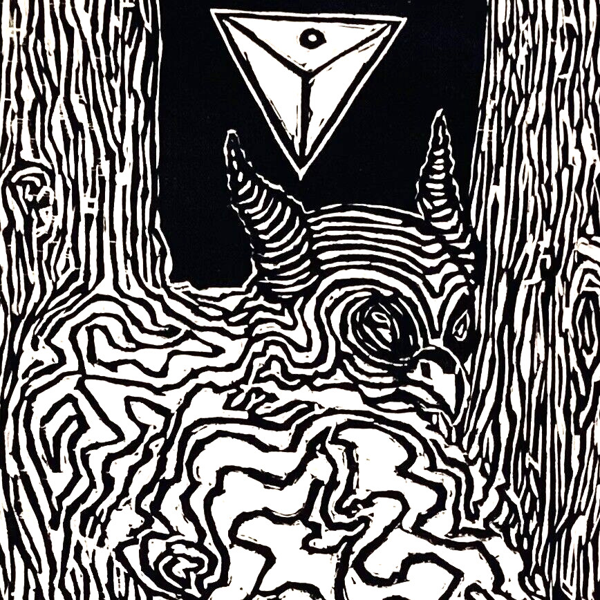 Graphic Forest Landscape Linocut 23″ Wildlife Owl Art Nature Texture Woodgrain