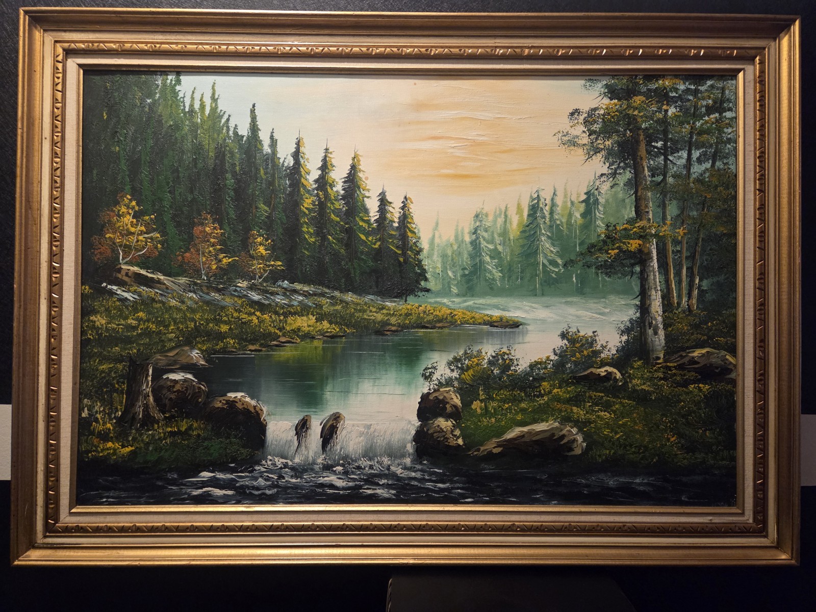 Vintage Mountain River Landscape Painting 41×29 Greco? Framed Vibrant