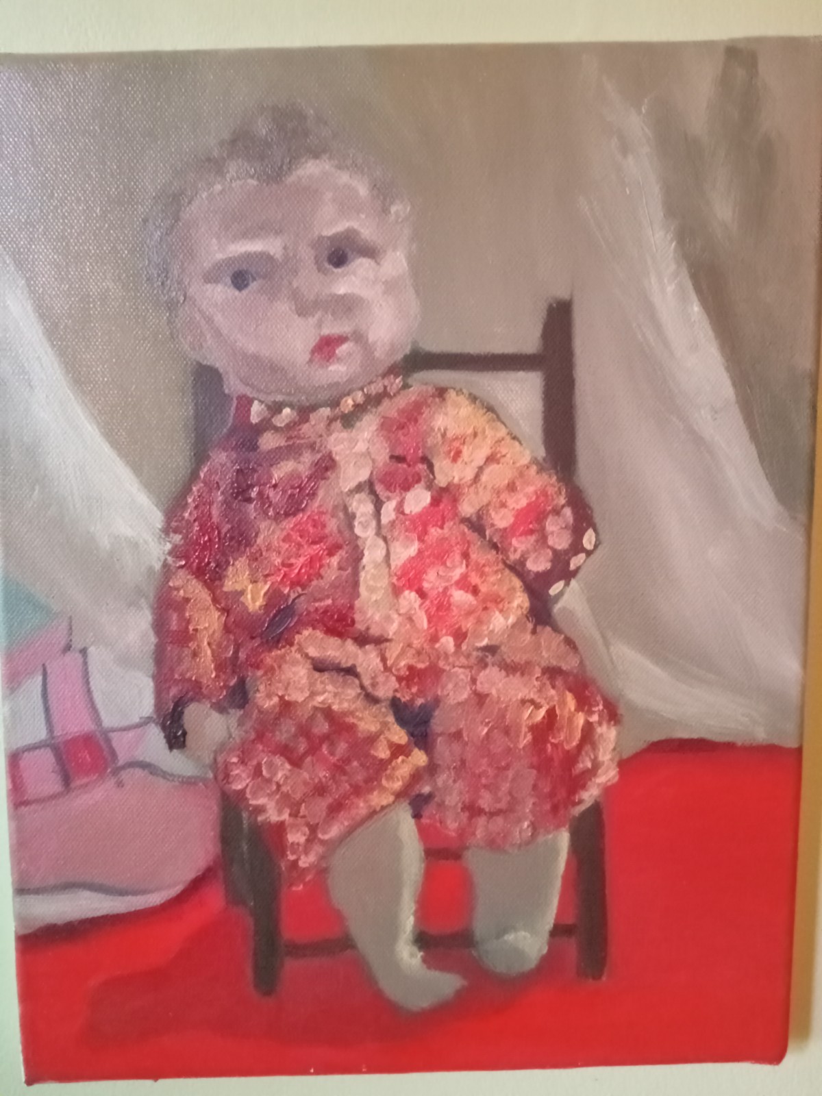 Creepy Odd Baby Doll Seated In Chair Textural Painting On Canvas 11×14 Original