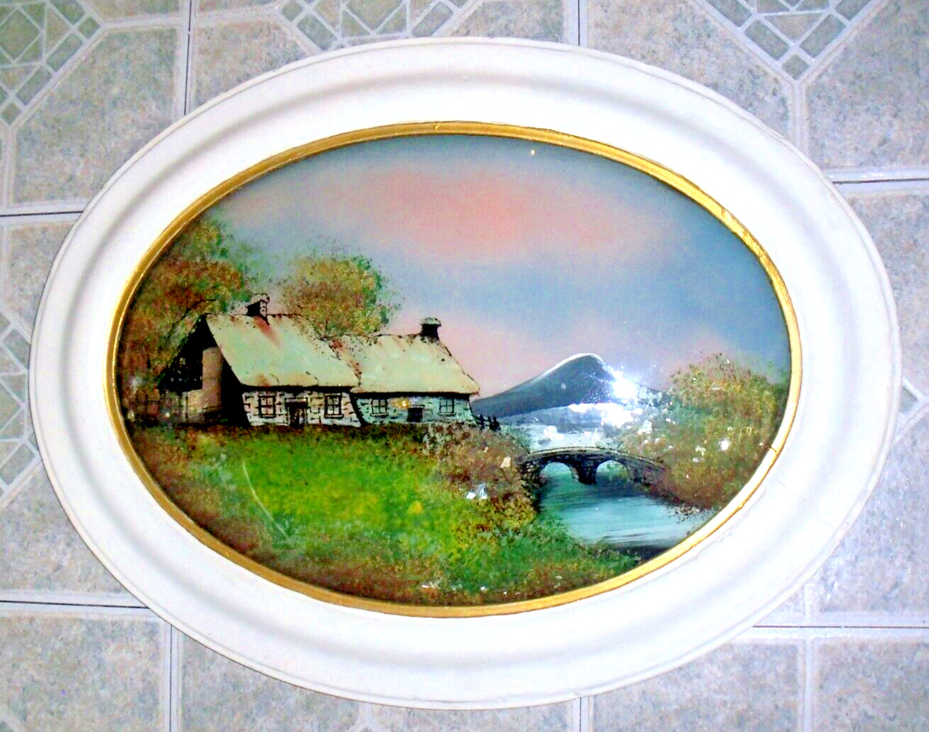 Antique Reverse Foil Painting Oval Convex Glass Landscape 14″x24″ Wood Frame