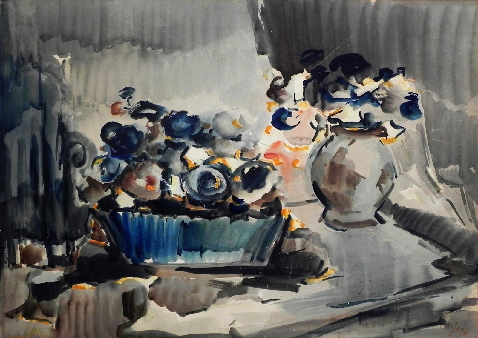 Mordechai Avniel: Still Life & Flower Vase 60s/Israeli Jewish Russian Watercolor