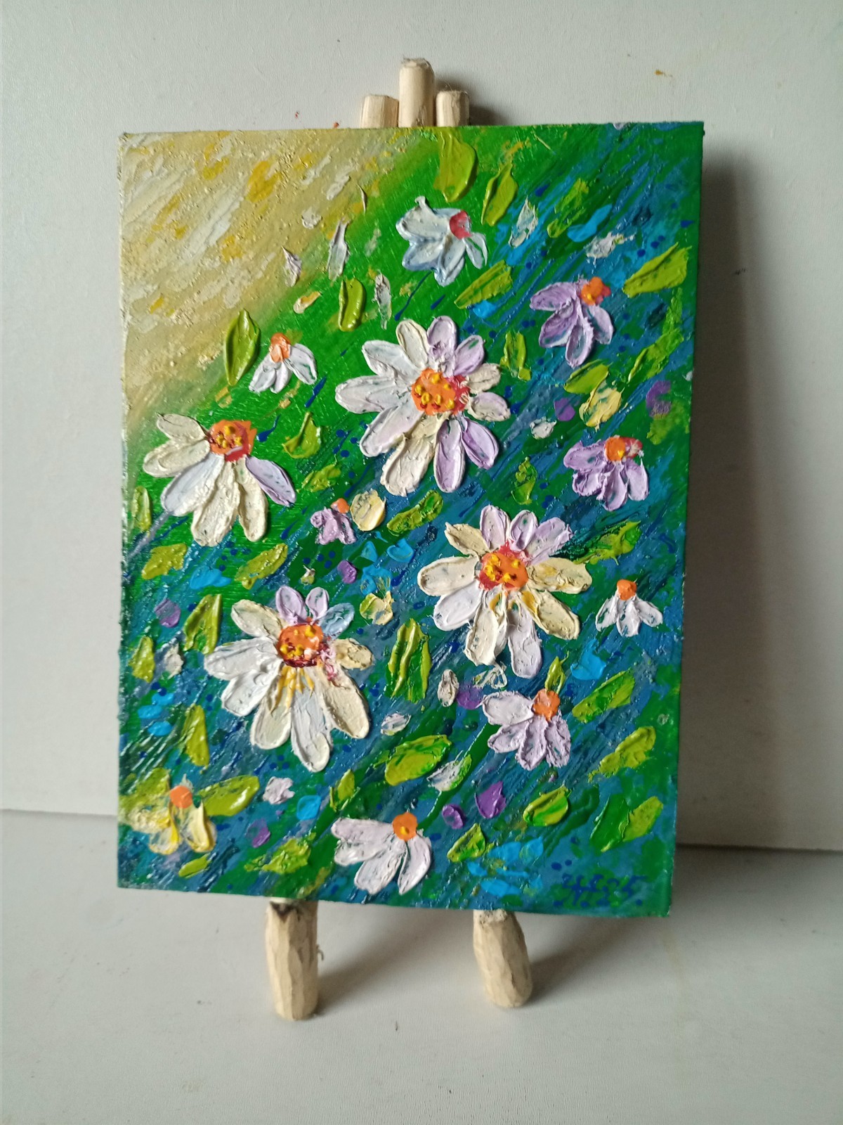 Chamomile Impasto Painting Original Art Impression Oil Painting 7 x 5 in