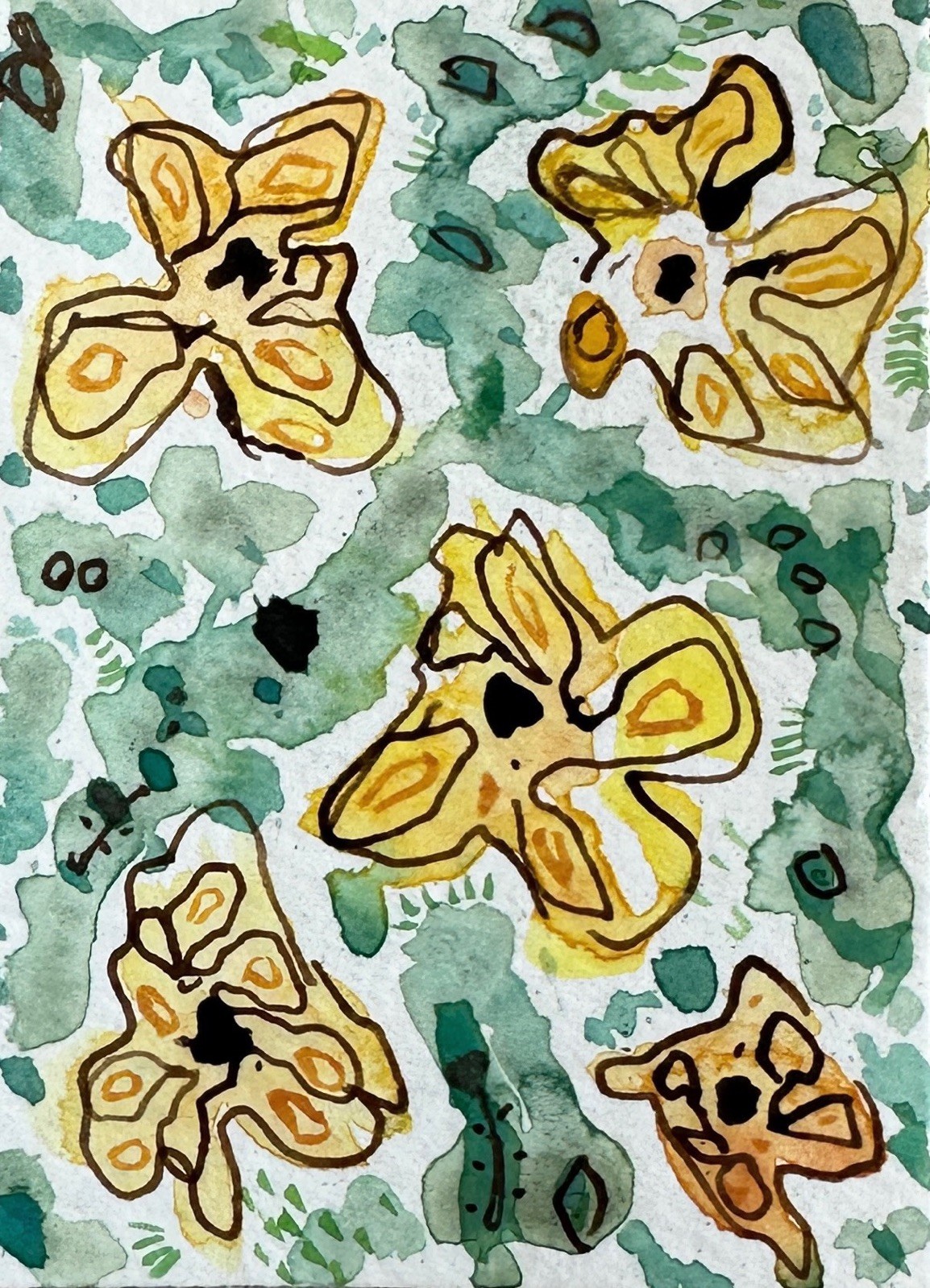 ACEO Original Watercolor Yellow Flower Mini Art by Bri Sander 3.5 x 2.5 OOAK ATC
