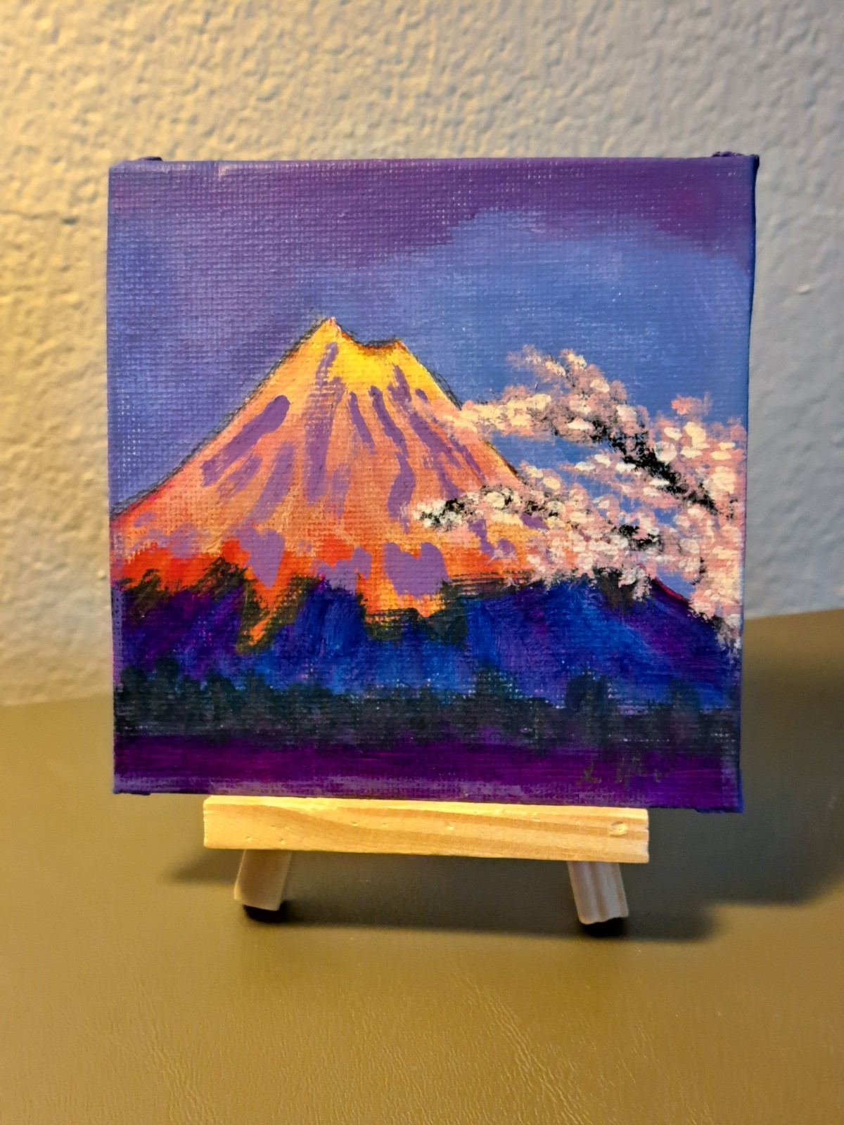 Mini landscape acrylic ink pencil «Mt. Fugi» on 4×4 canvas 1/1 Limited Signed