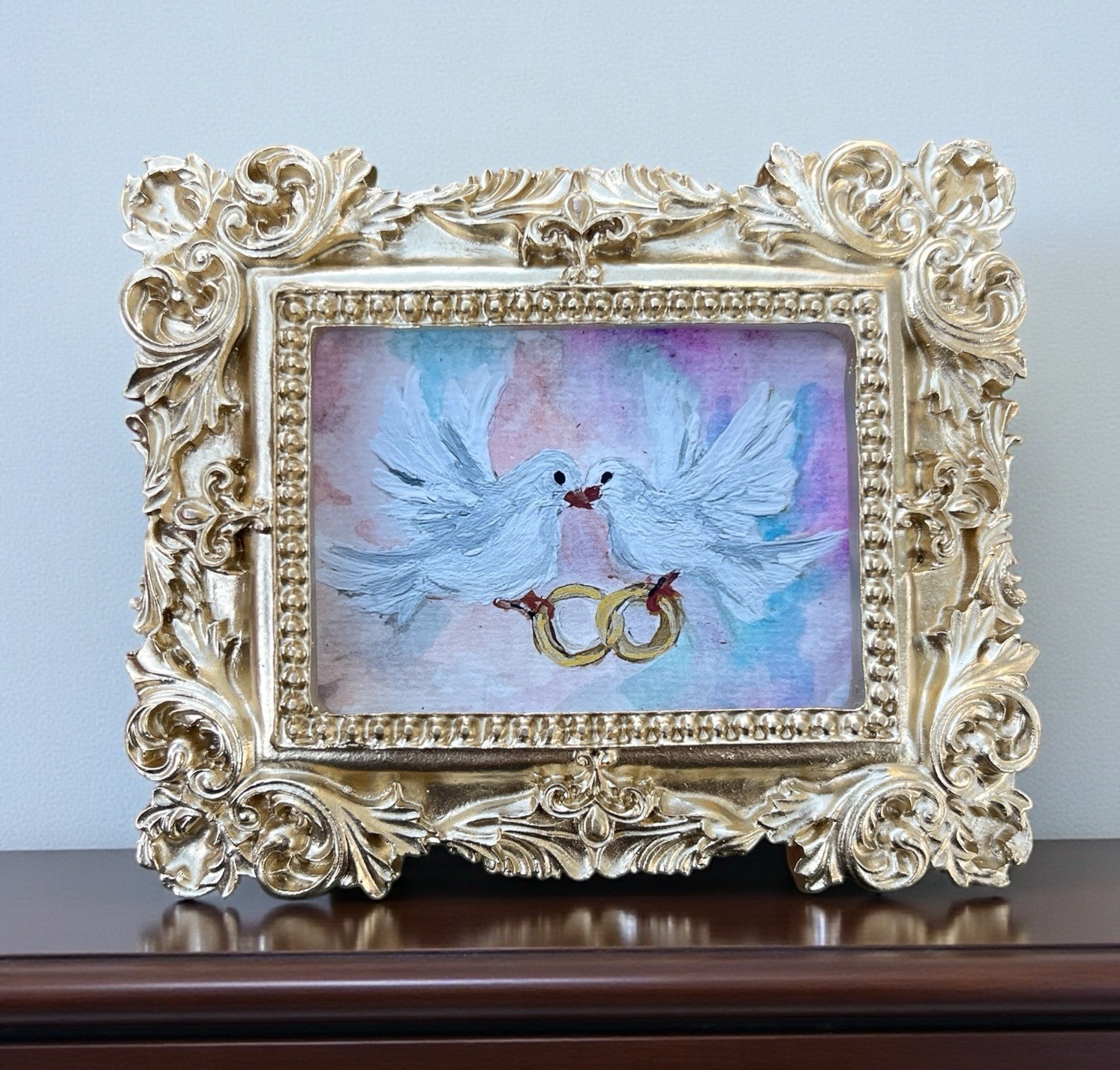 Two Doves 🕊️ holding Rings 💍 mini watercolor print in gold ornate frame