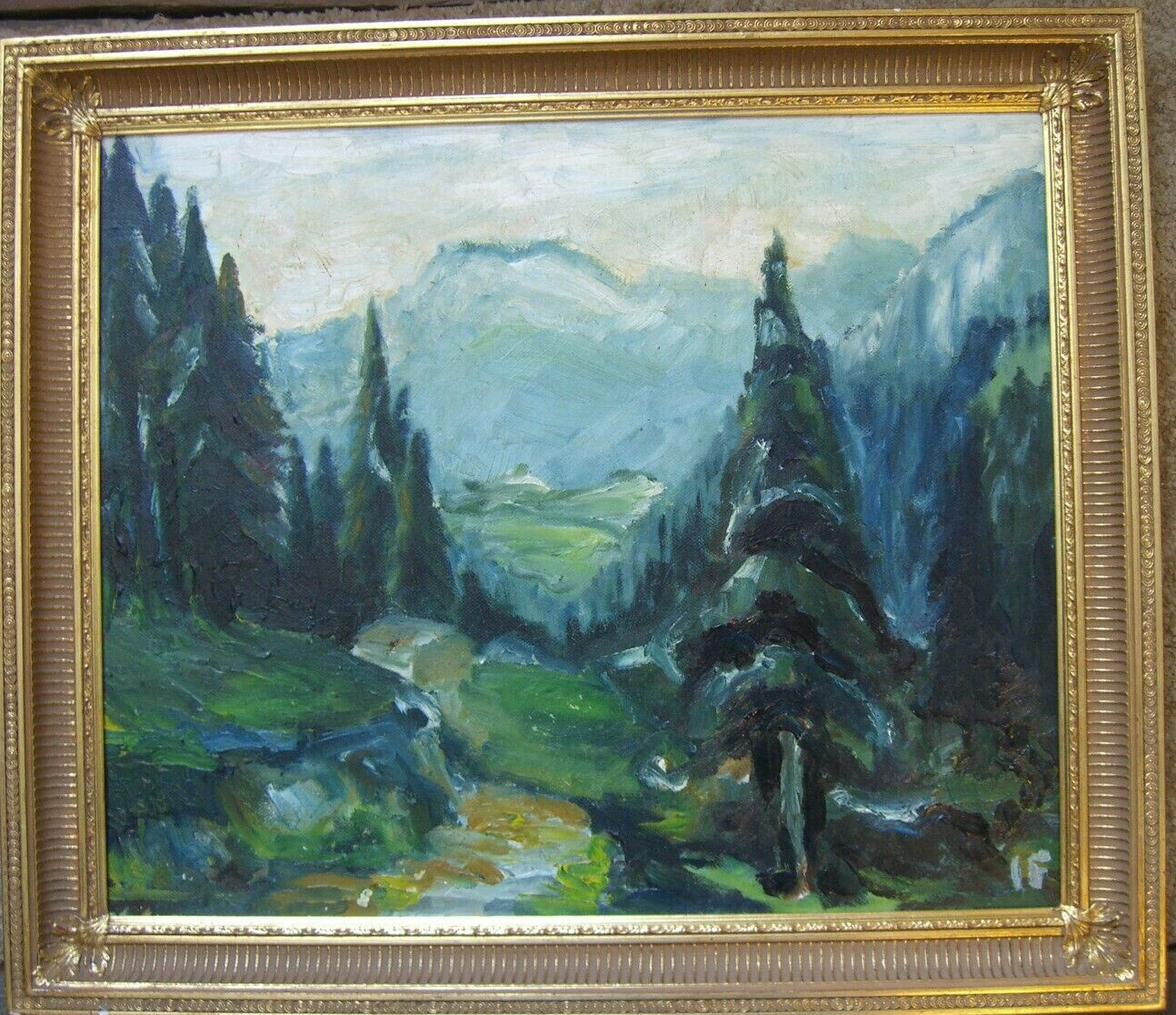 Monogr. If Alps Fir Mountains Hills Forest Trees River Sky Path Antique