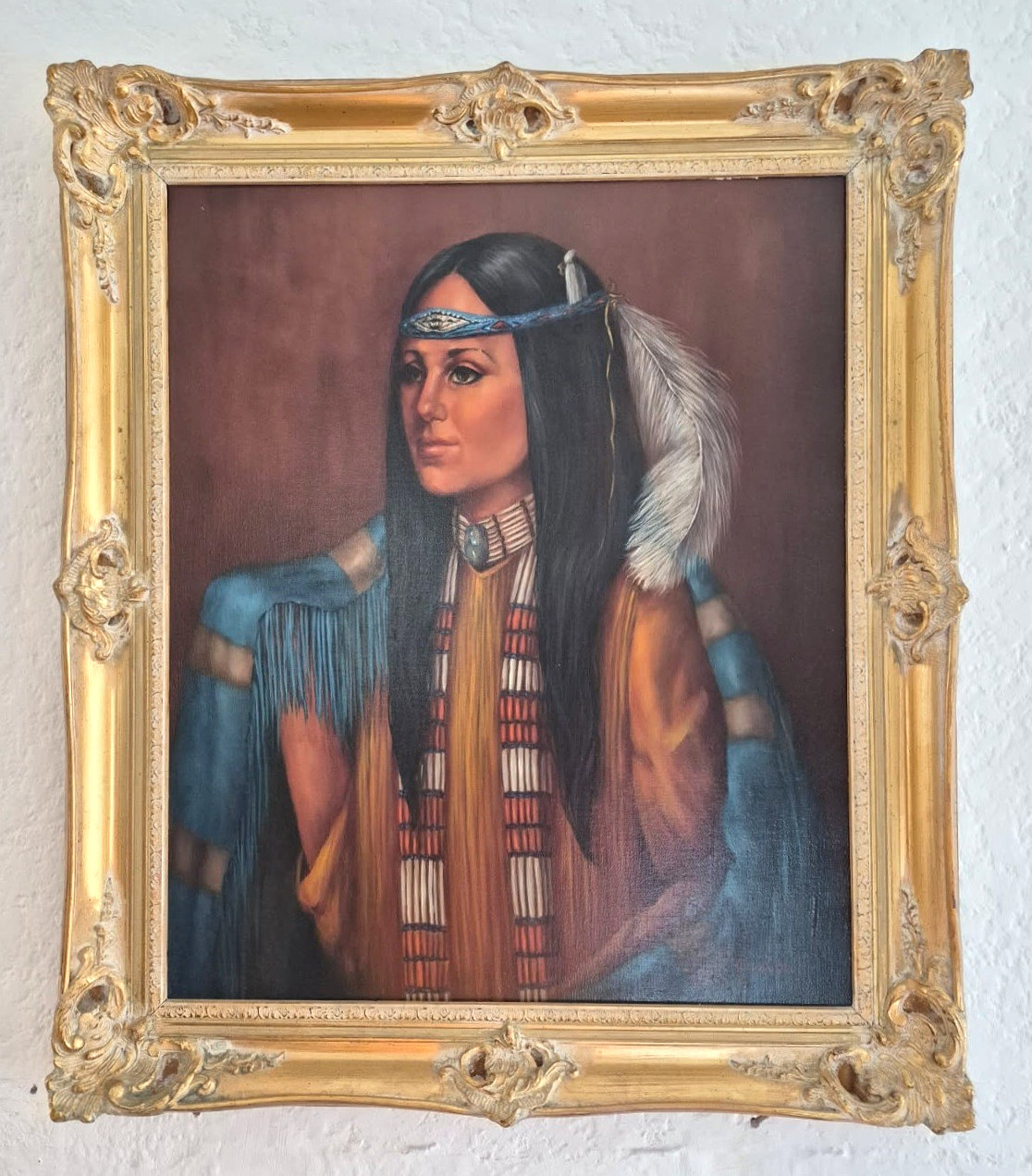 VINTAGE NATIVE OIL ON CANVAS PAINTING «LEGEND OF THE WHITE FEATHER» #681 SIGNED