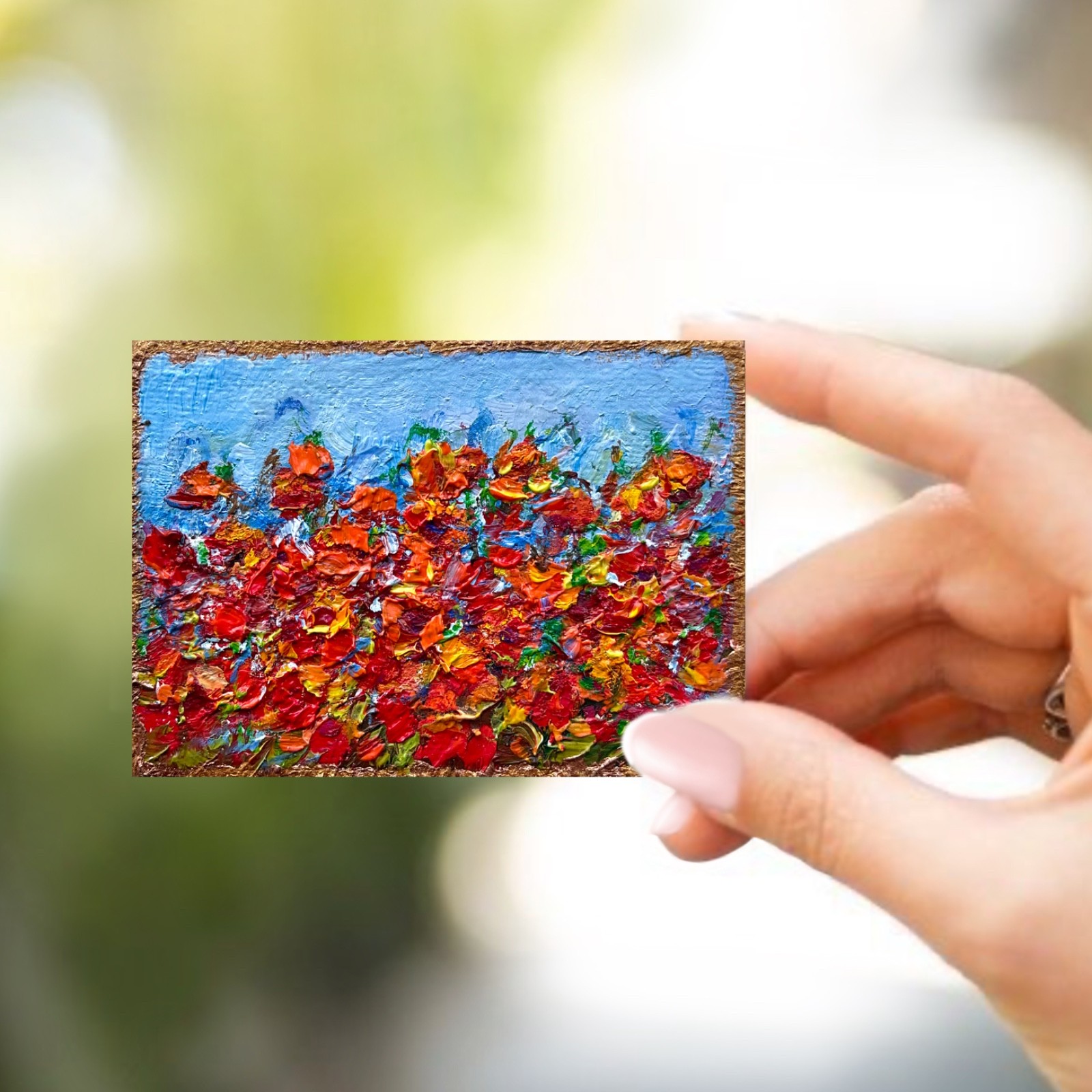 ACEO Original Oil Painting Poppies Blooming Canvas Impasto 2.5×3.5in Signed OS