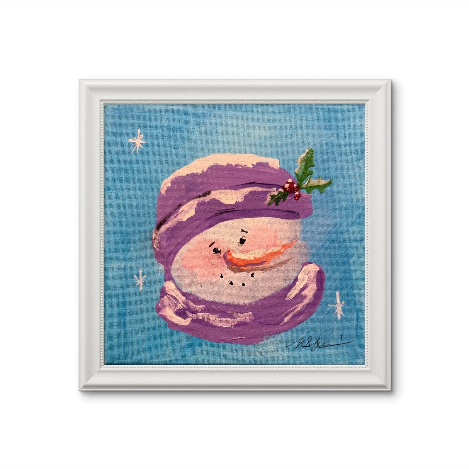 OOAK Original Small 8”X 8” Acrylic-Charming Holiday Snowman with Purple Hat