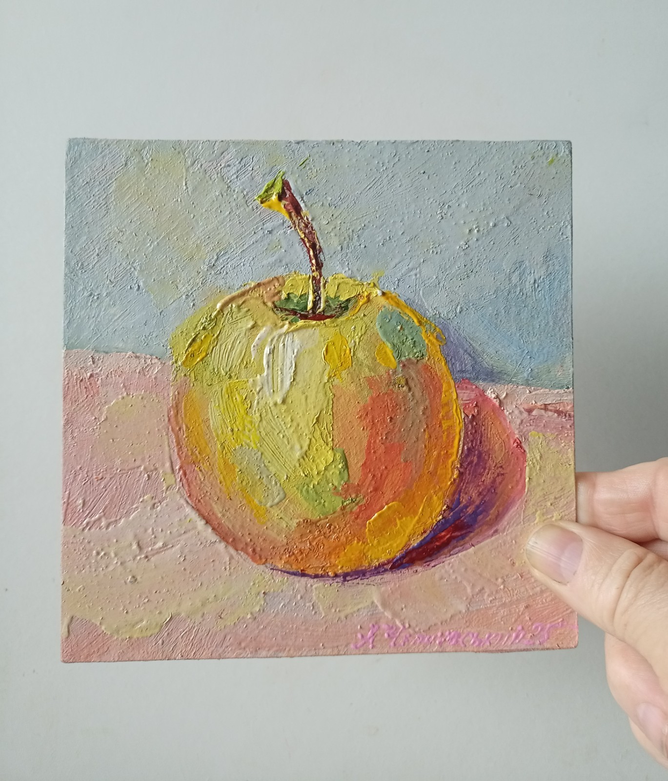 Apple Impasto Painting Original Art Impression Oil Painting 6 x 6 in