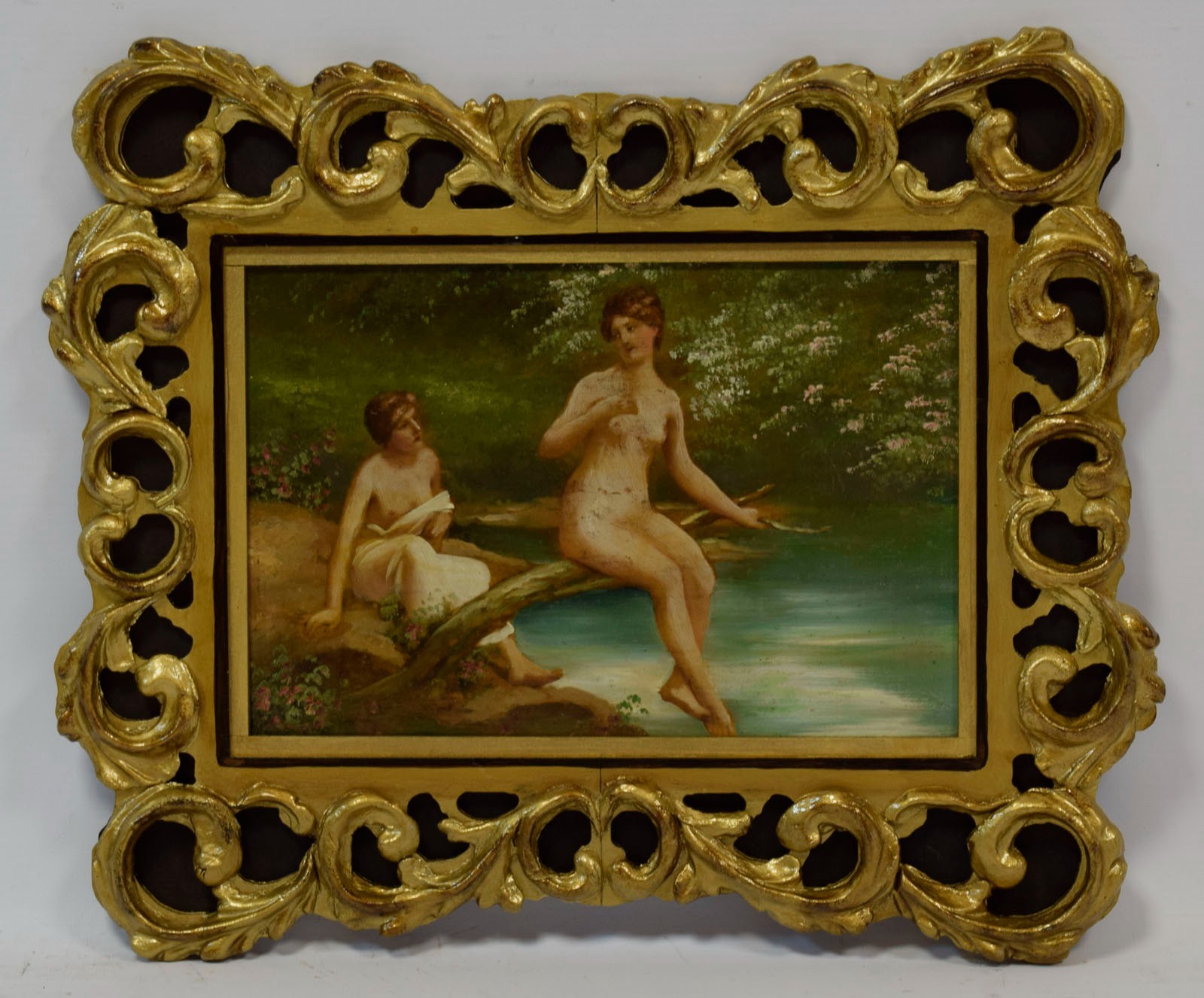 Old painting after Hans Zatzka (1859–1945), Nymphs by Water, nude, oil.