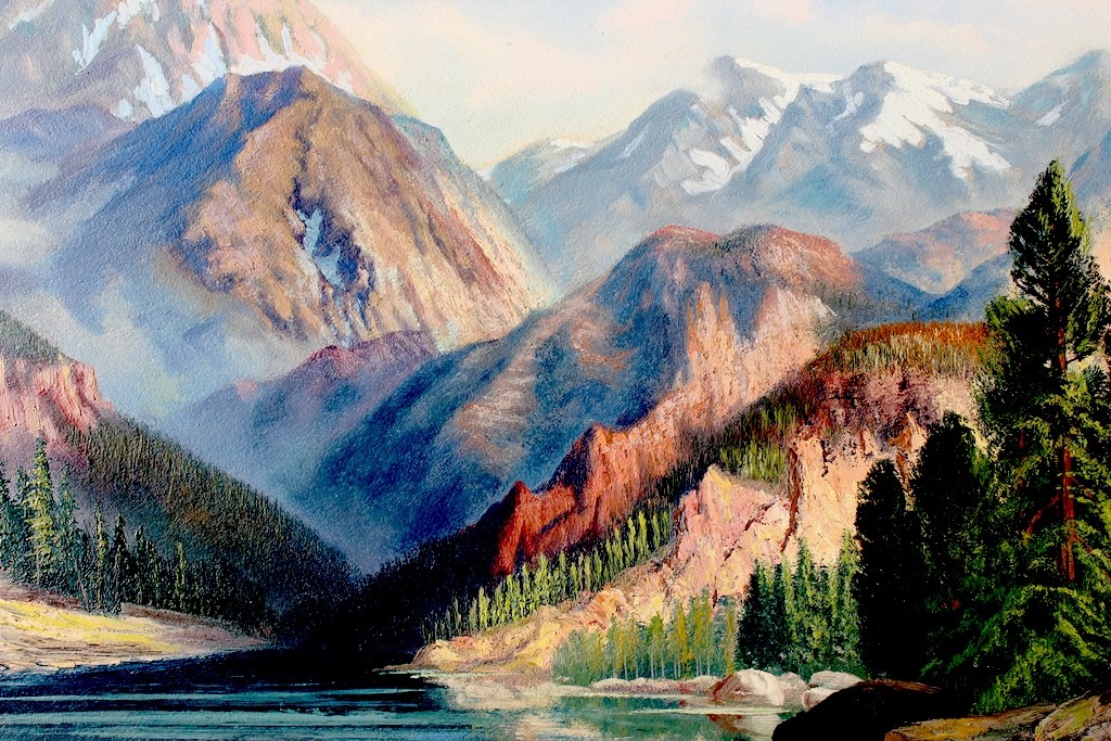 Large Idyllic Rocky Mountain Oil/board Painting early 20th C.Signed J.A.COULTRUP