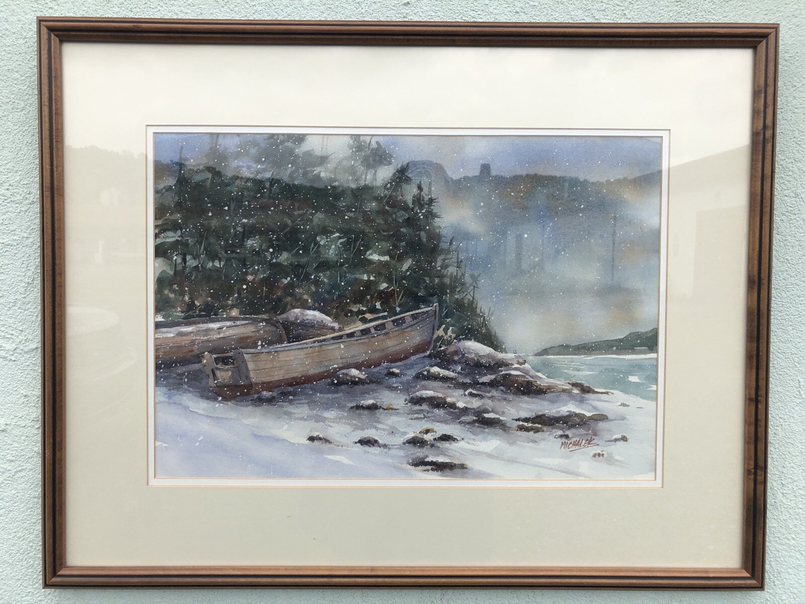 Signed Dick Michalek WC Of Boats In The Snow 21 1/2” X 27 1/2”