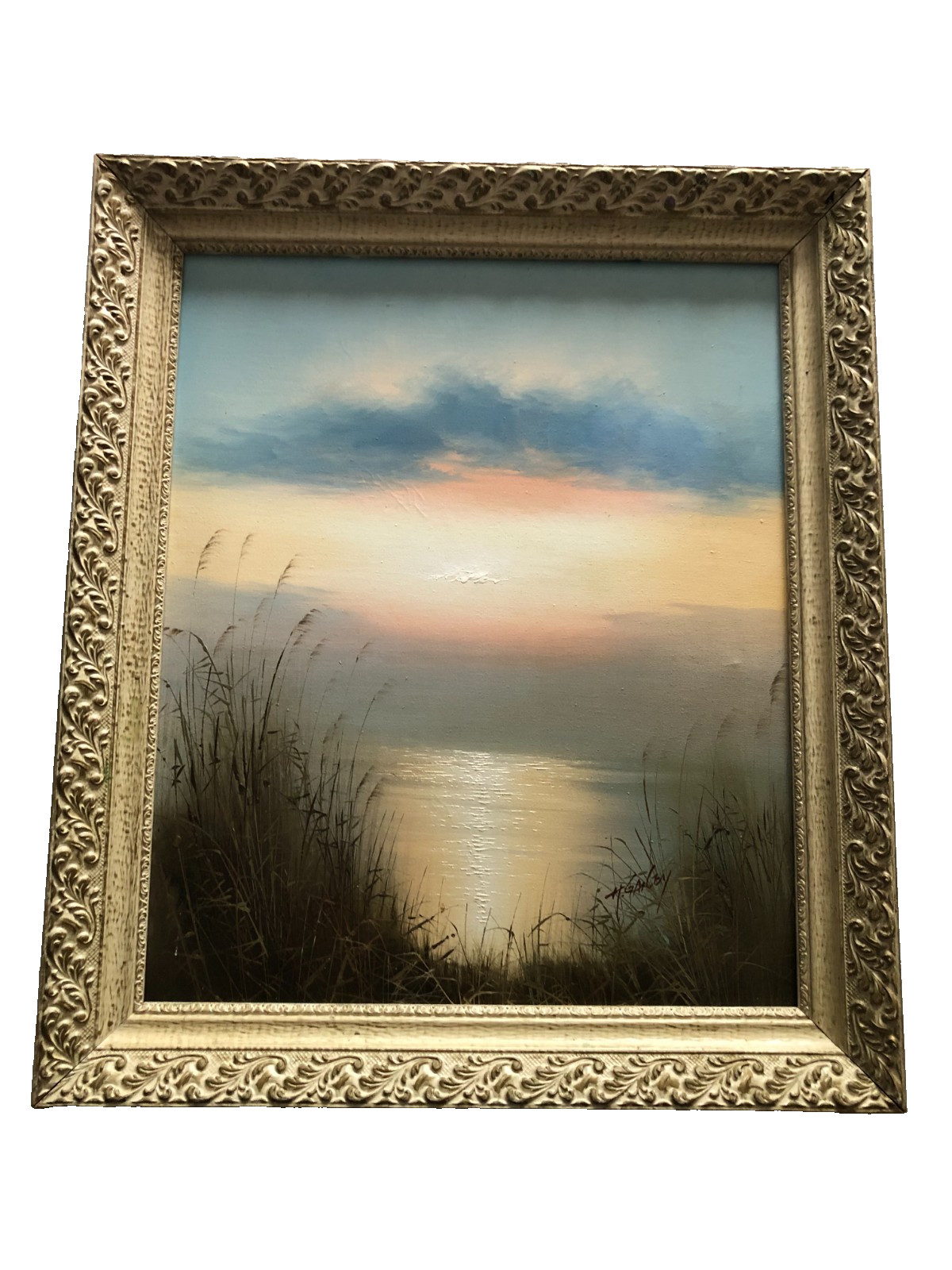 Vintage sunset on beach oil on canvas painting signed H Gailey framed 29×25 in.