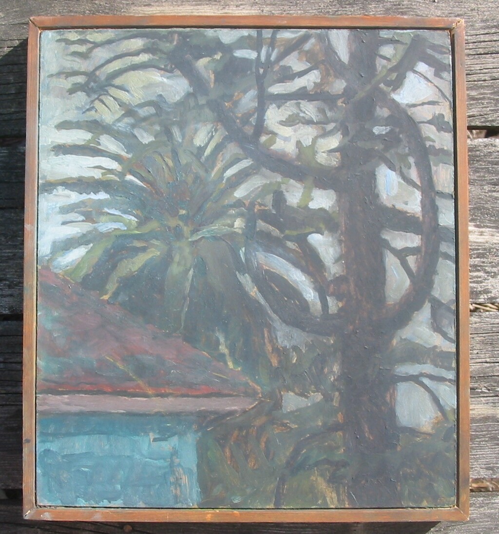Vintage Oil Painting Monkey Puzzle and Palm Tree Colin Brant Listed 14 by 16 in