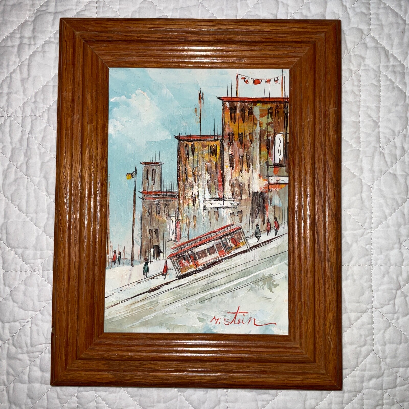 70s San Francisco cable car landscape original oil PAINTING art Stein small