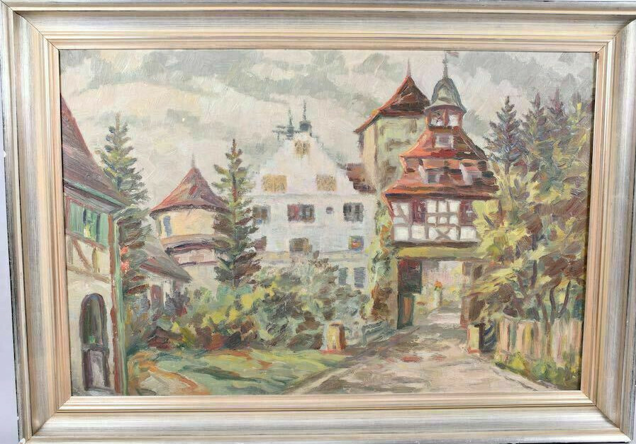 OIL PAINTING FRAMED OLD TOWN HALF TIMBERED HOUSES SUBWAY IN TREES COTTAGE STYLE