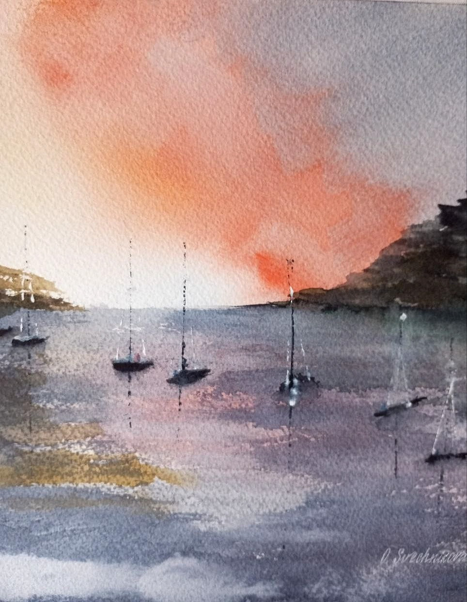 paintinwatercolor seascape quiet harbor sea sailboats beautiful sky sunrisegift