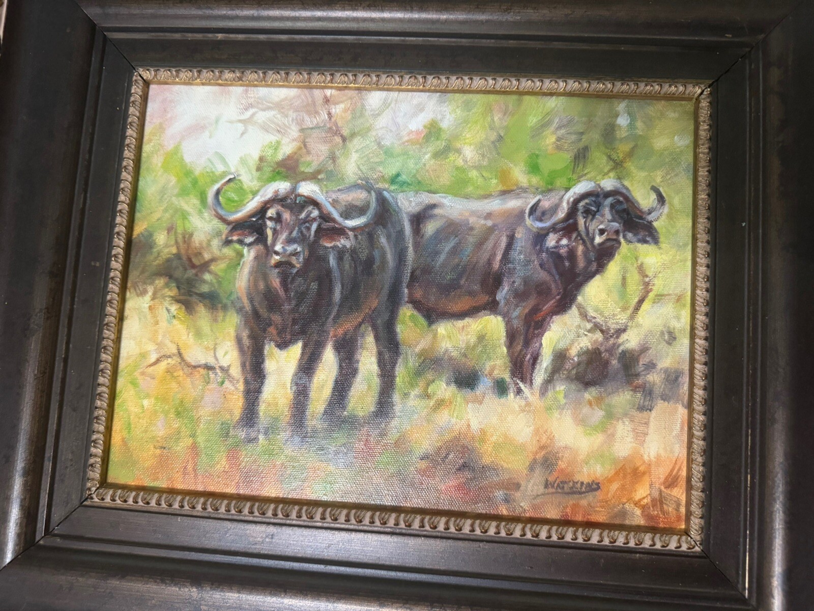 “Kakulis” Painting Framed & Signed of Water Buffalo By Artist PEGGY WATKINS 12×9