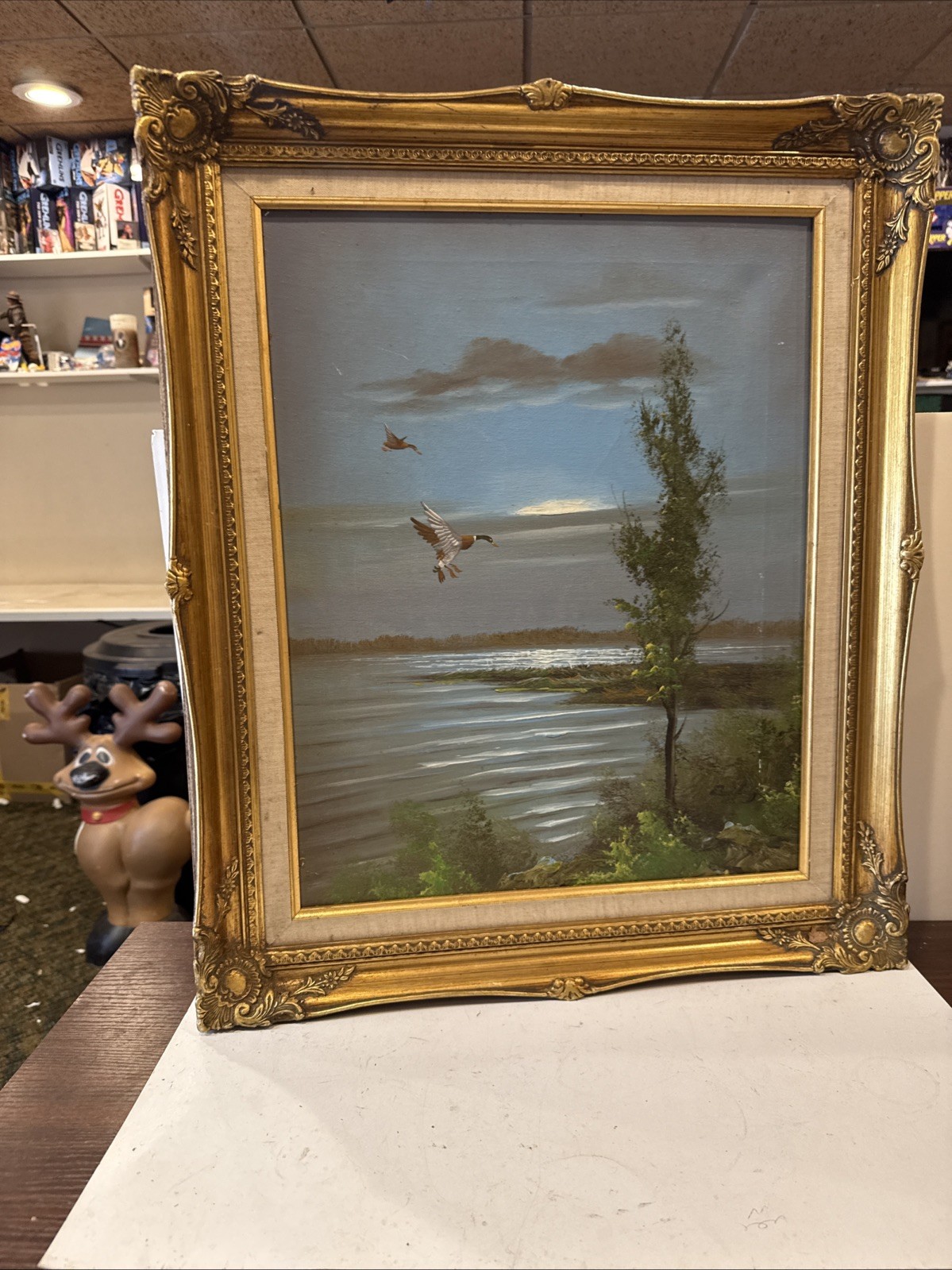Real Signed Oil On Canvass Painting Lake Shore Ducks Duck Hunting 25×22” Sunset