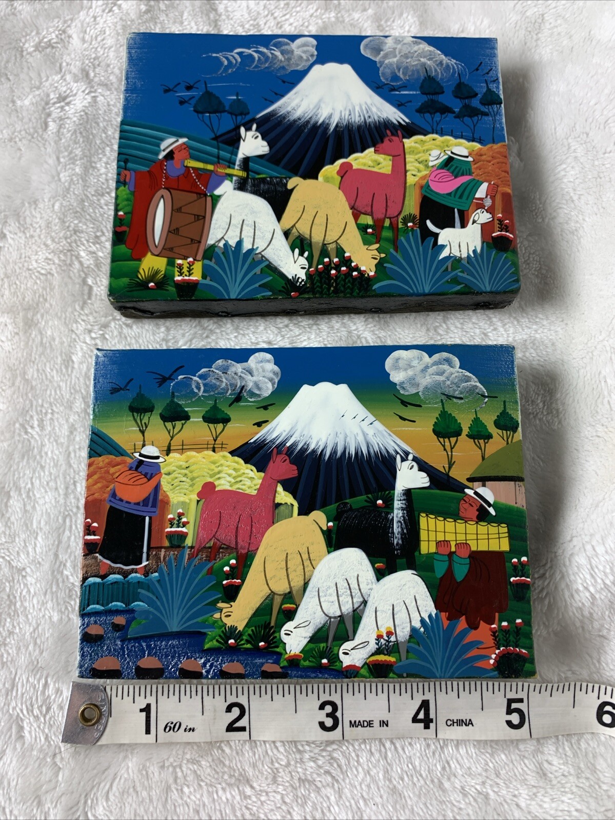 Vintage Cotopaxi Ecuador Mini Paintings Hide Llama Alpaca Signed Pedro Vega Pair