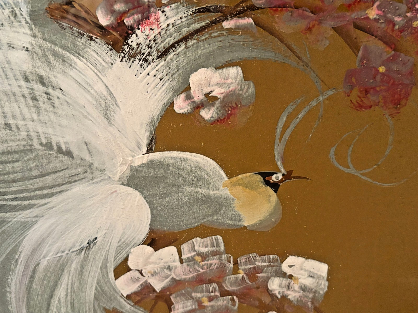 Vintage 1950s White Asian Bird Reverse Painted Glass Framed Picture MCM Wall Art