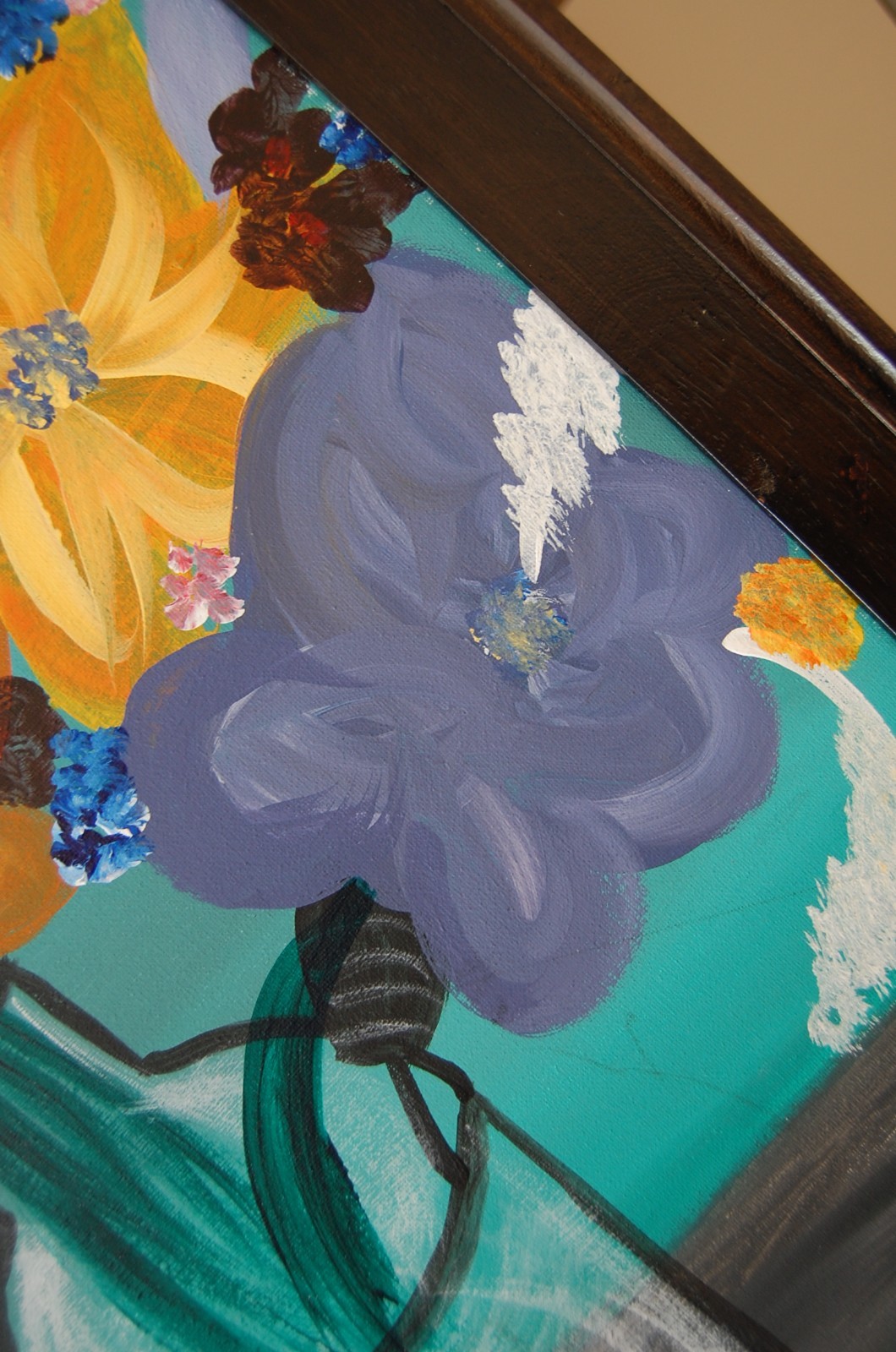 ORIGINAL FRAMED ACRYLIC MODERN ABSTRACT PAINTING OF FLOWERS ON VASE A STILL LIFE