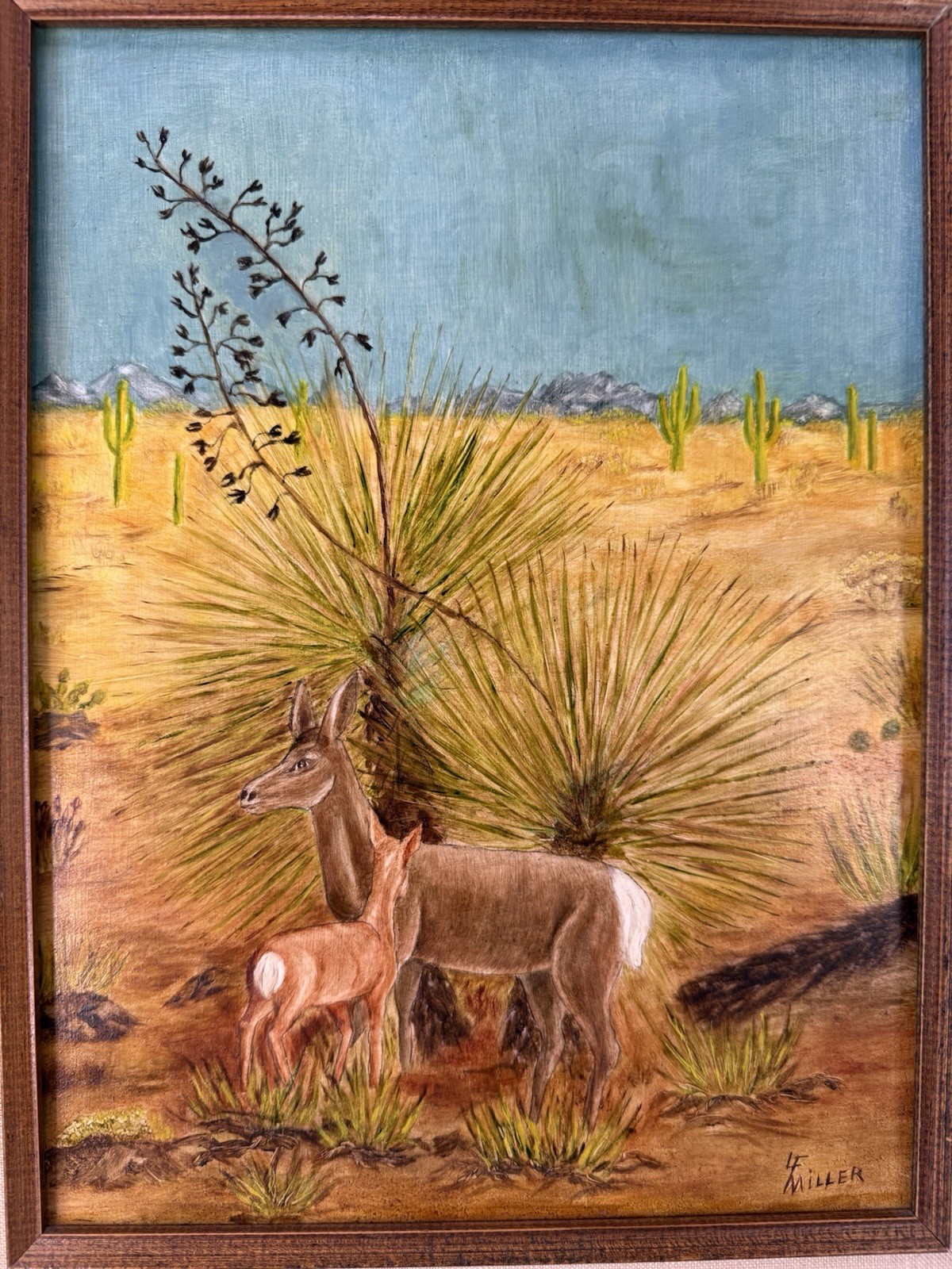 Vtg LF Miller Original Oil Painting Desert Mule Deer Yucca Saguaro