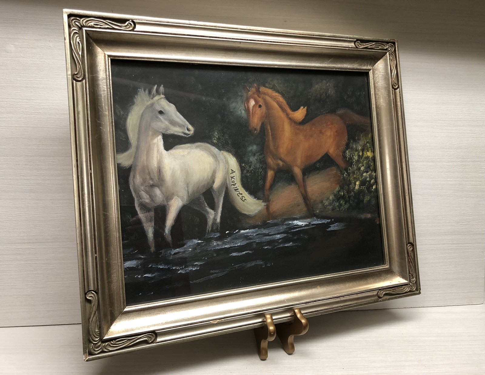 VTG Original Signed Oil On Canvas Painting Two Horses Wading In Water Framed 17”