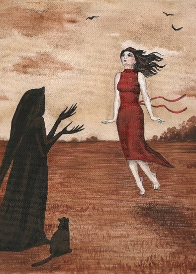 5×7 PRINT OF PAINTING HALLOWEEN PAINTING RYTA BLACK CAT WITCH Folk Art Pagan 🌗