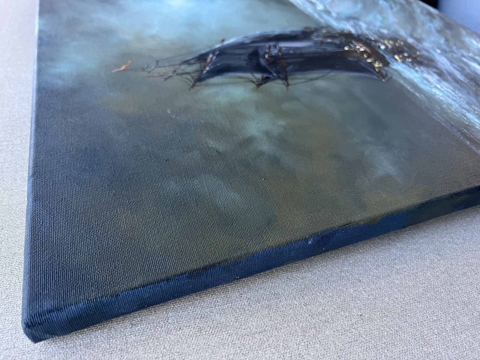 Original Moonlight Seascape Oil Painting on canvas. Tall Ship on Stormy Waves
