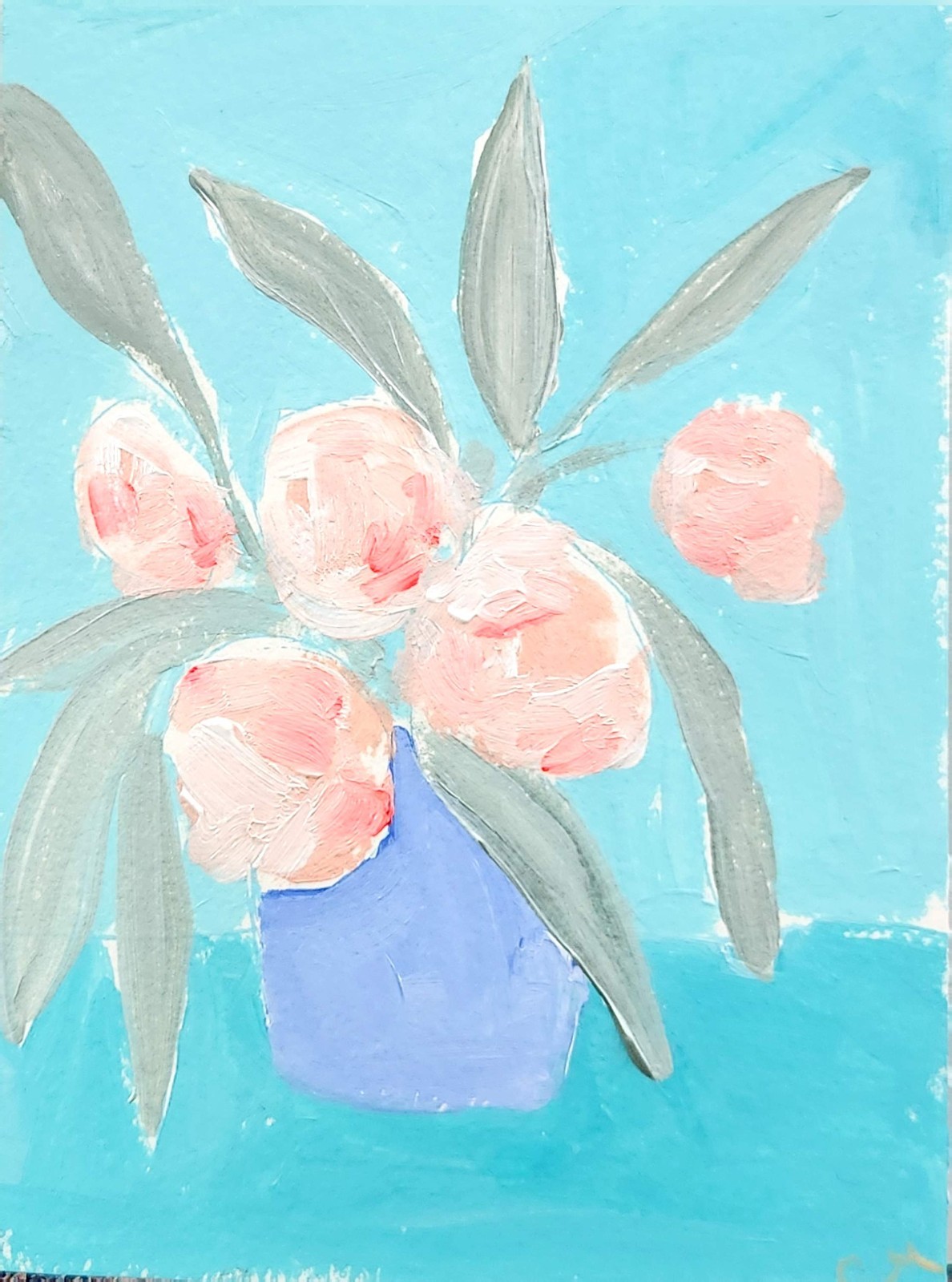 Original Botanical 5×7 Acrylic Painting Blue Flowers Wall Art Living Room Paper